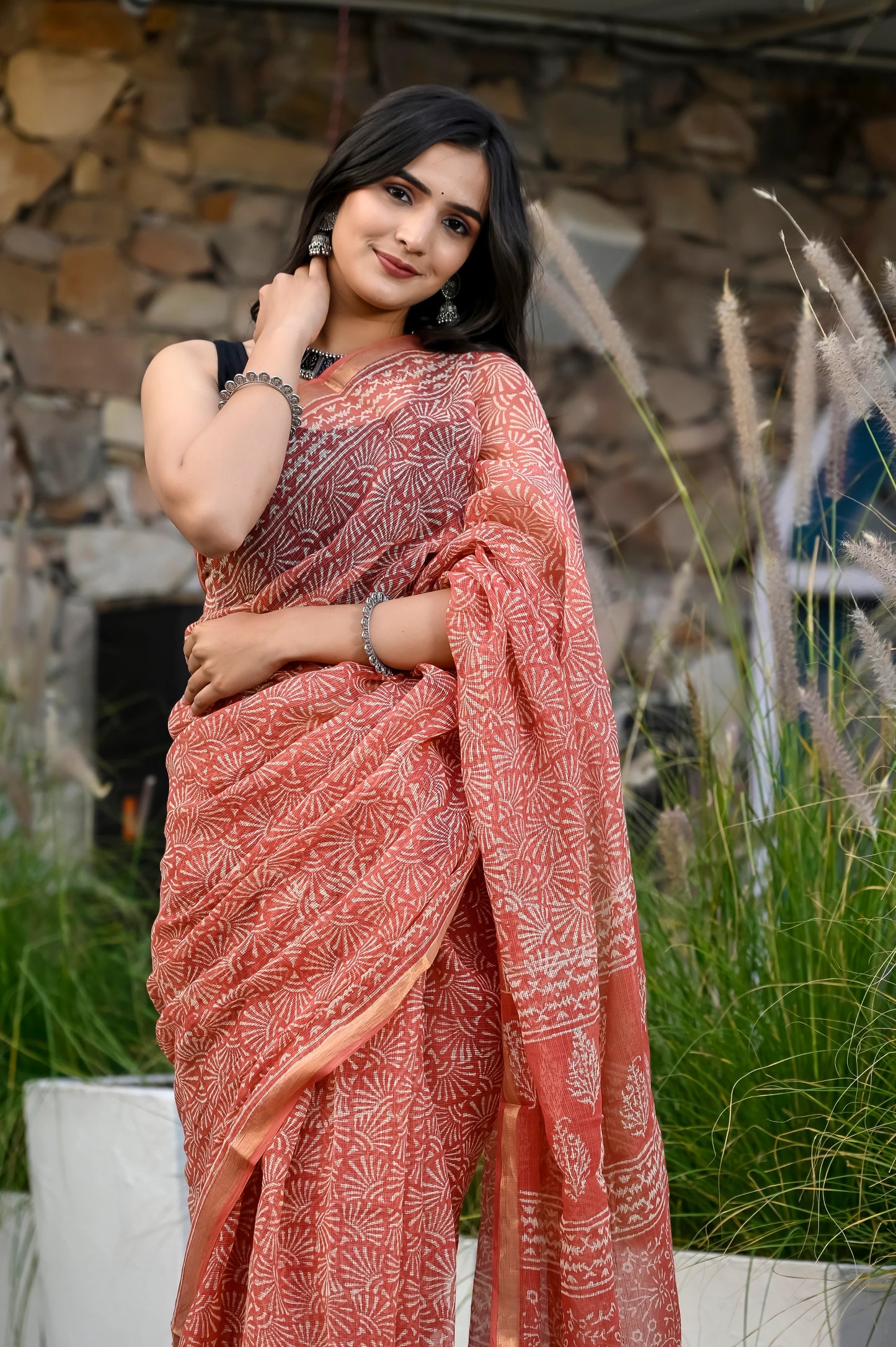 Red jhaal hand block pure kota doria saree