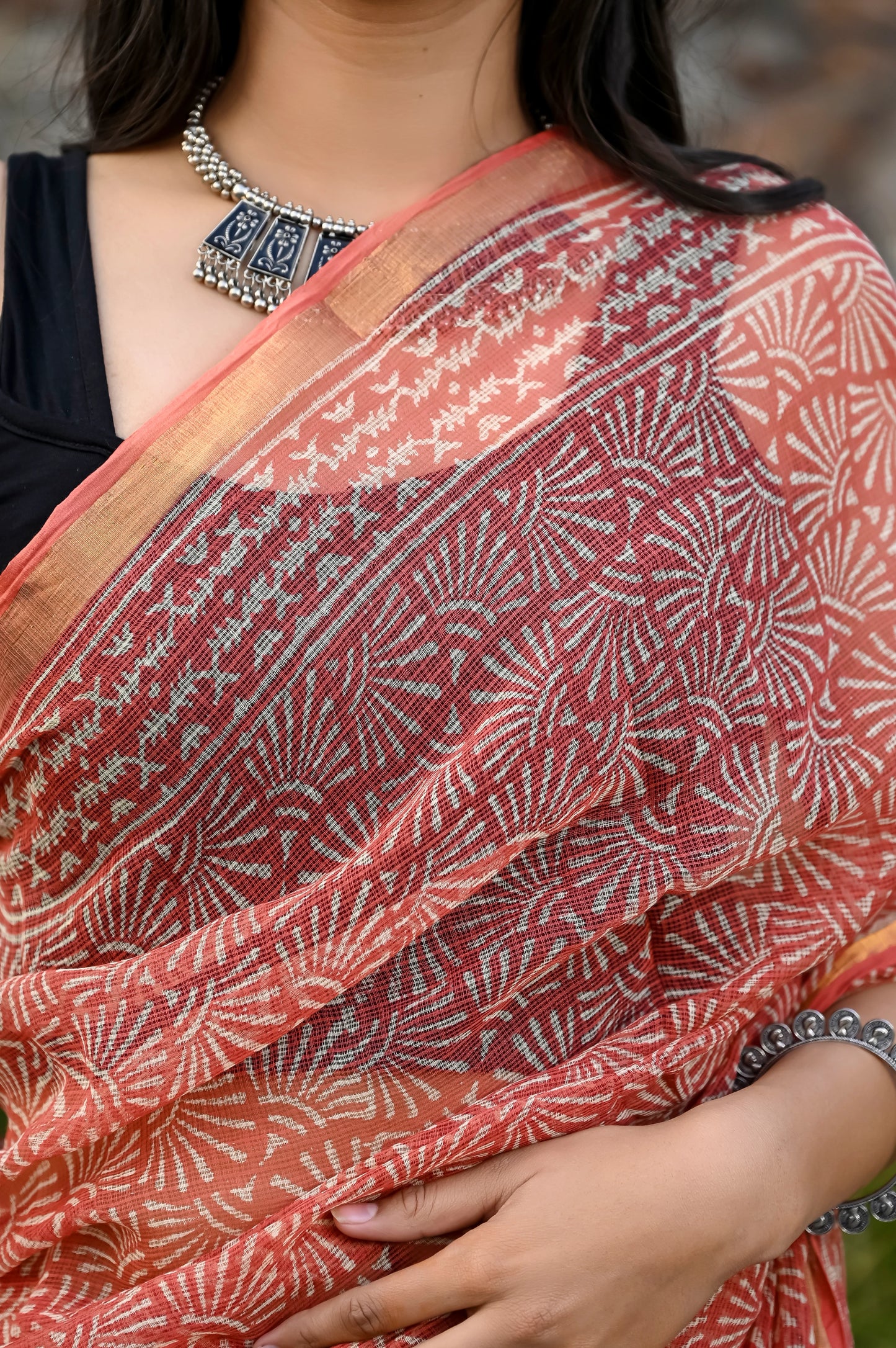 Red jhaal hand block pure kota doria saree