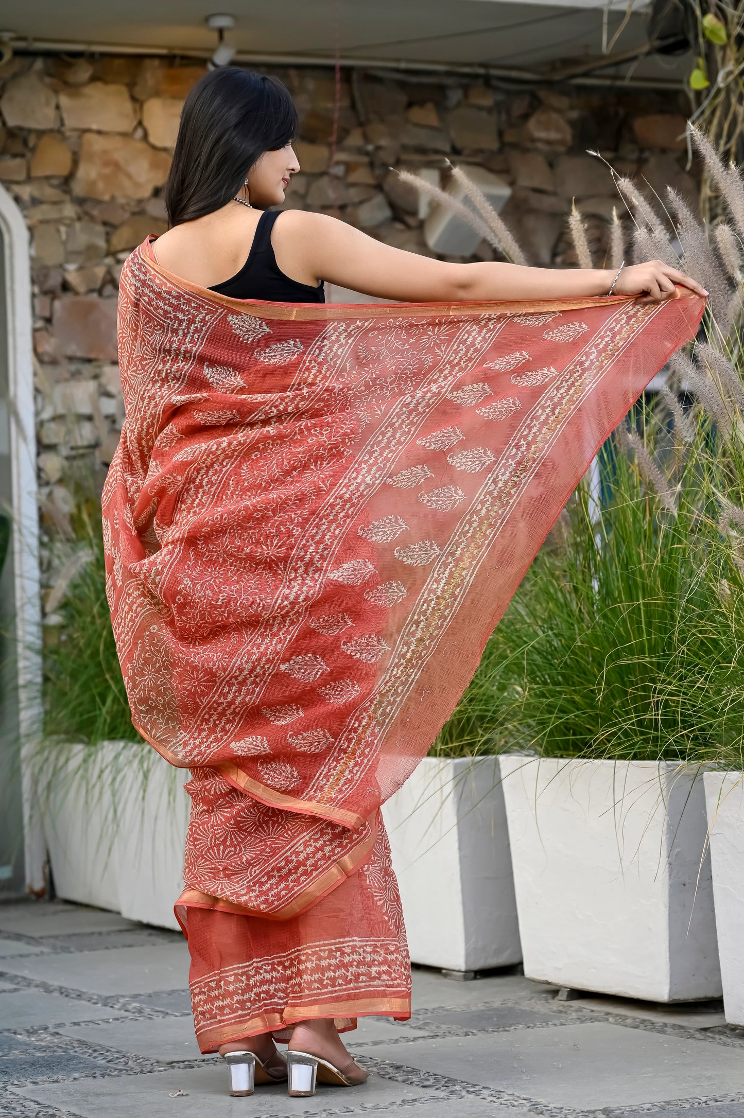 Red jhaal hand block pure kota doria saree