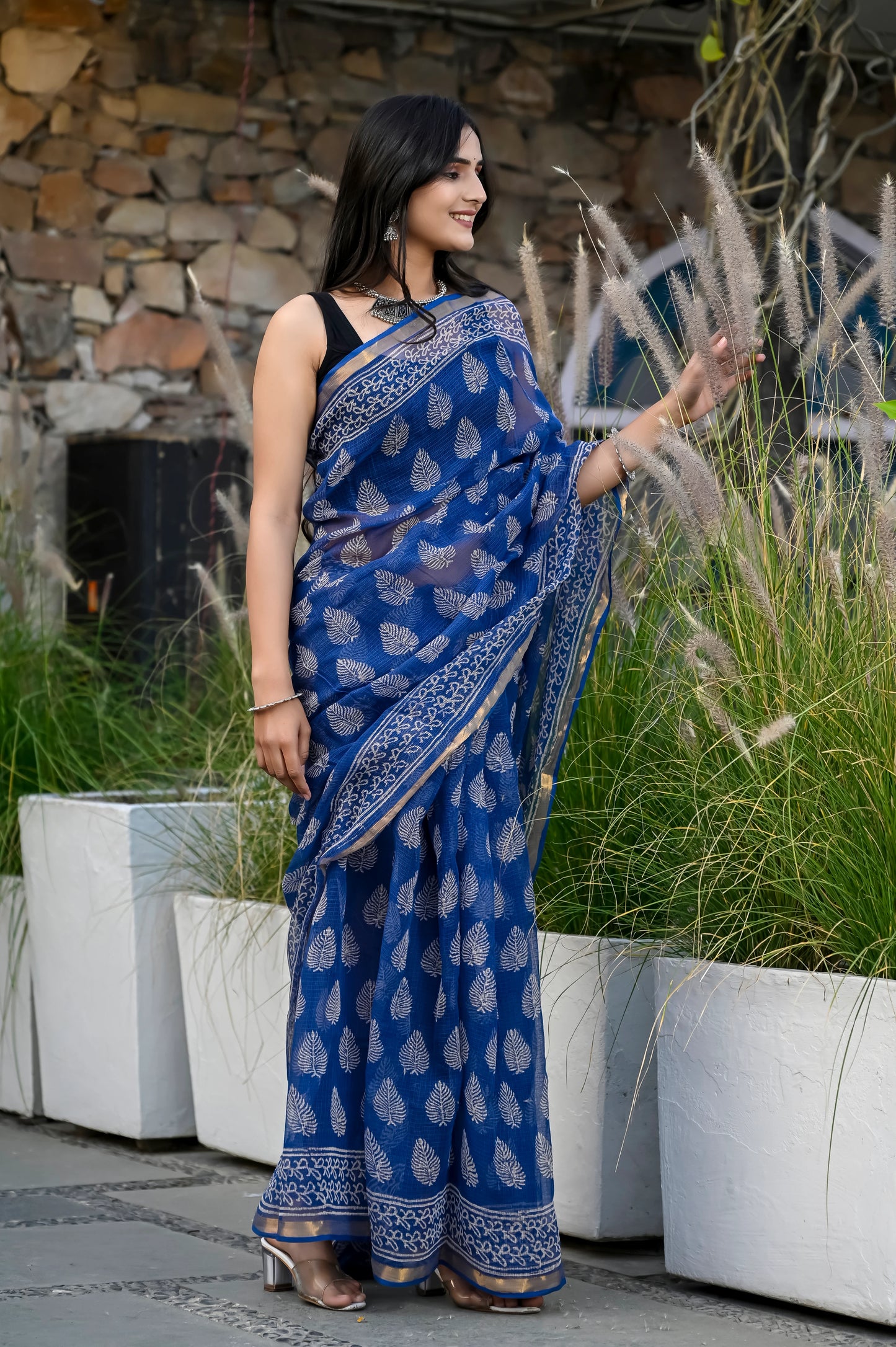 Blue booti hand block pure kota doria saree