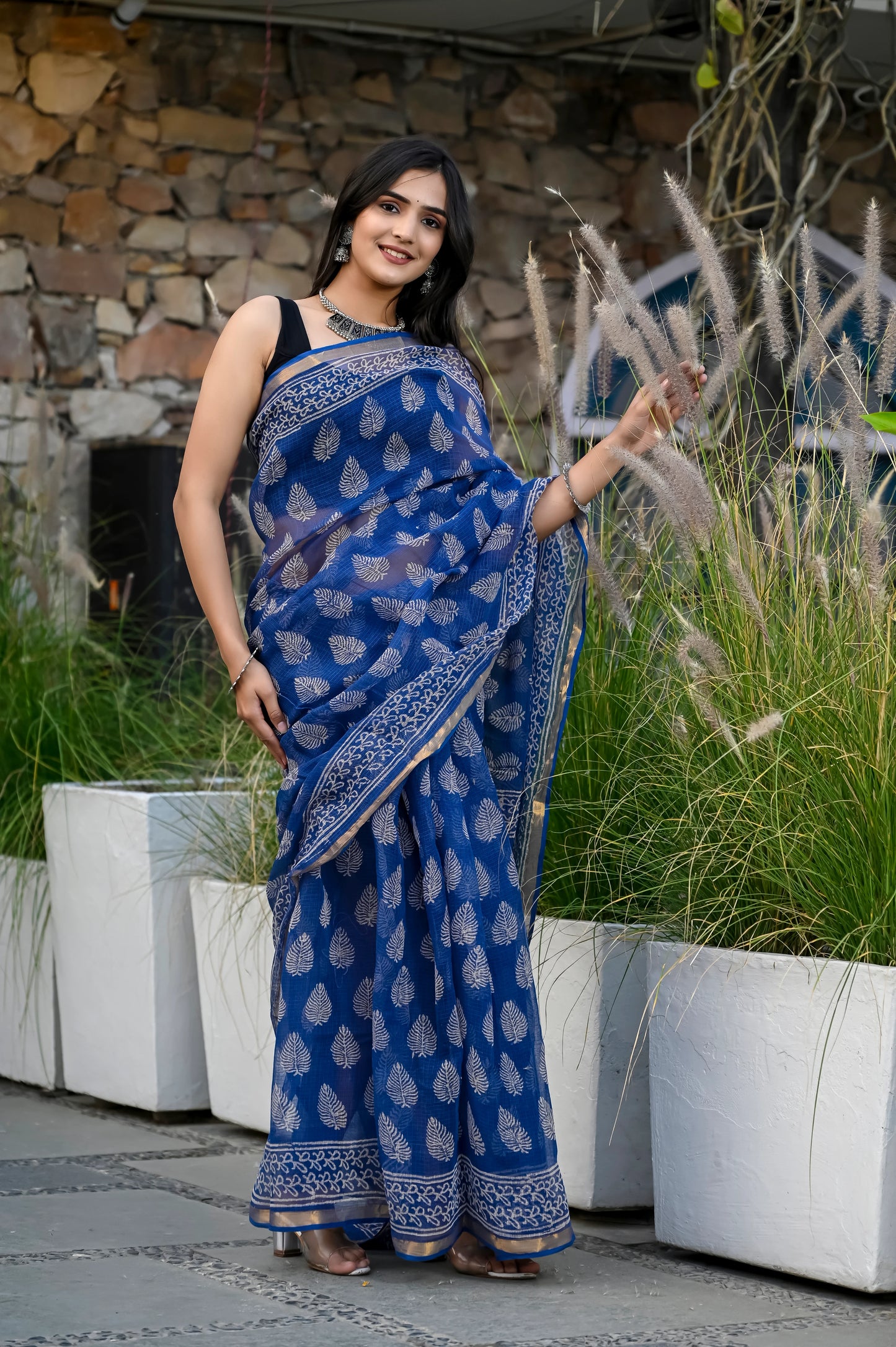 Blue booti hand block pure kota doria saree