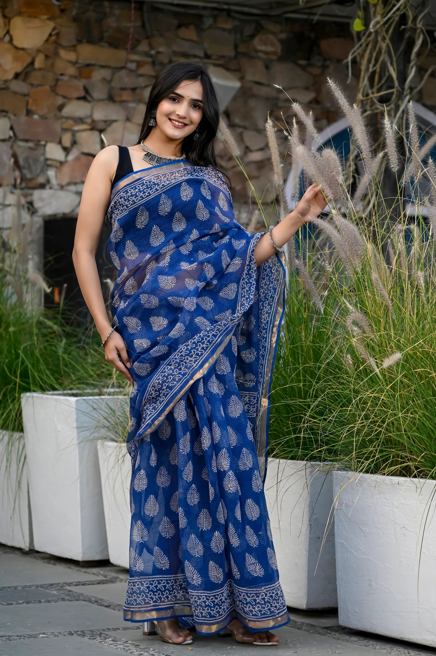 Blue booti hand block pure kota doria saree