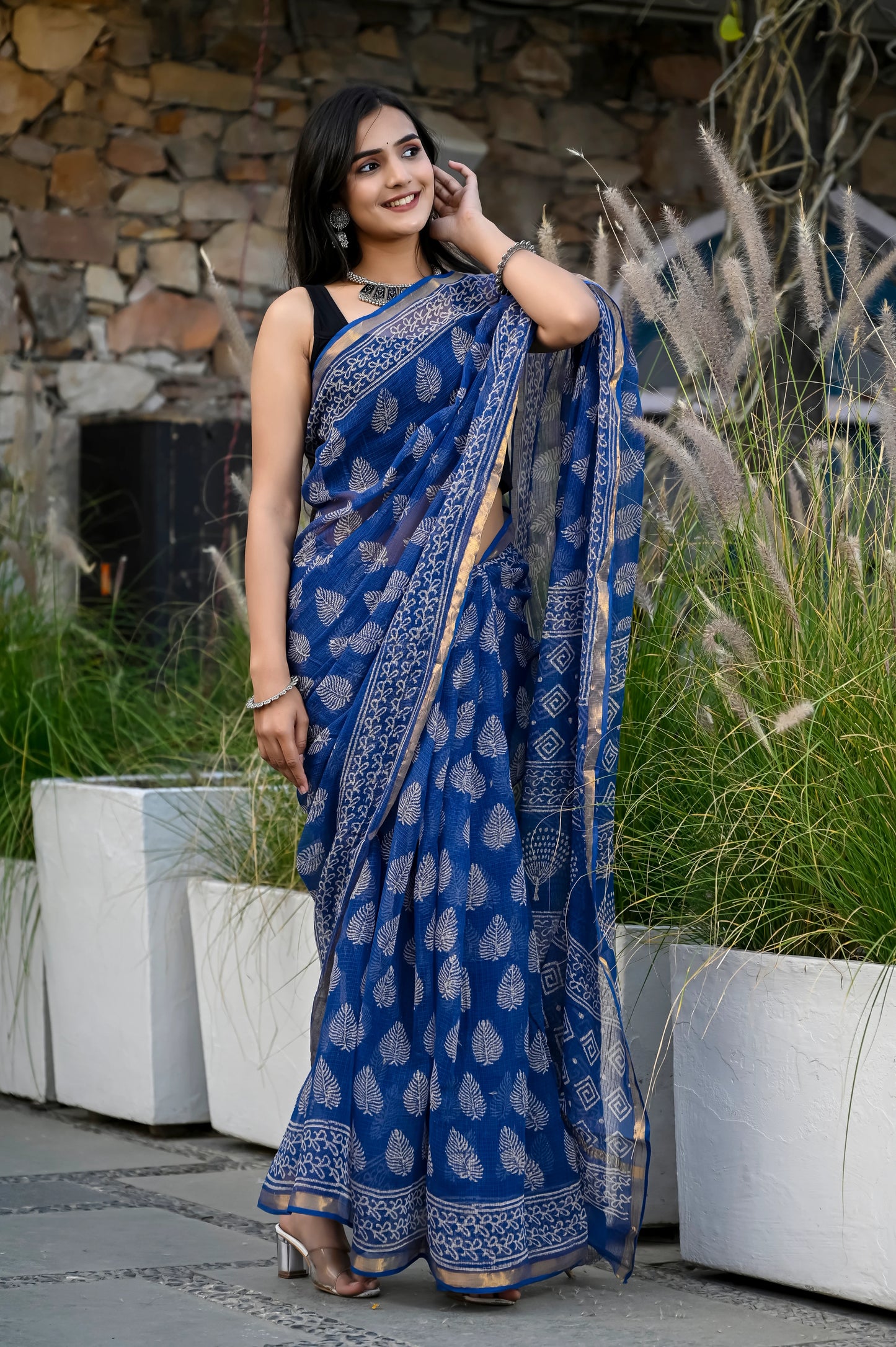 Blue booti hand block pure kota doria saree