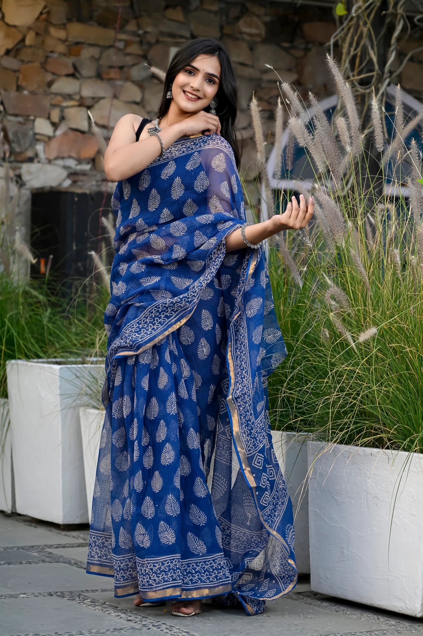 Blue booti hand block pure kota doria saree