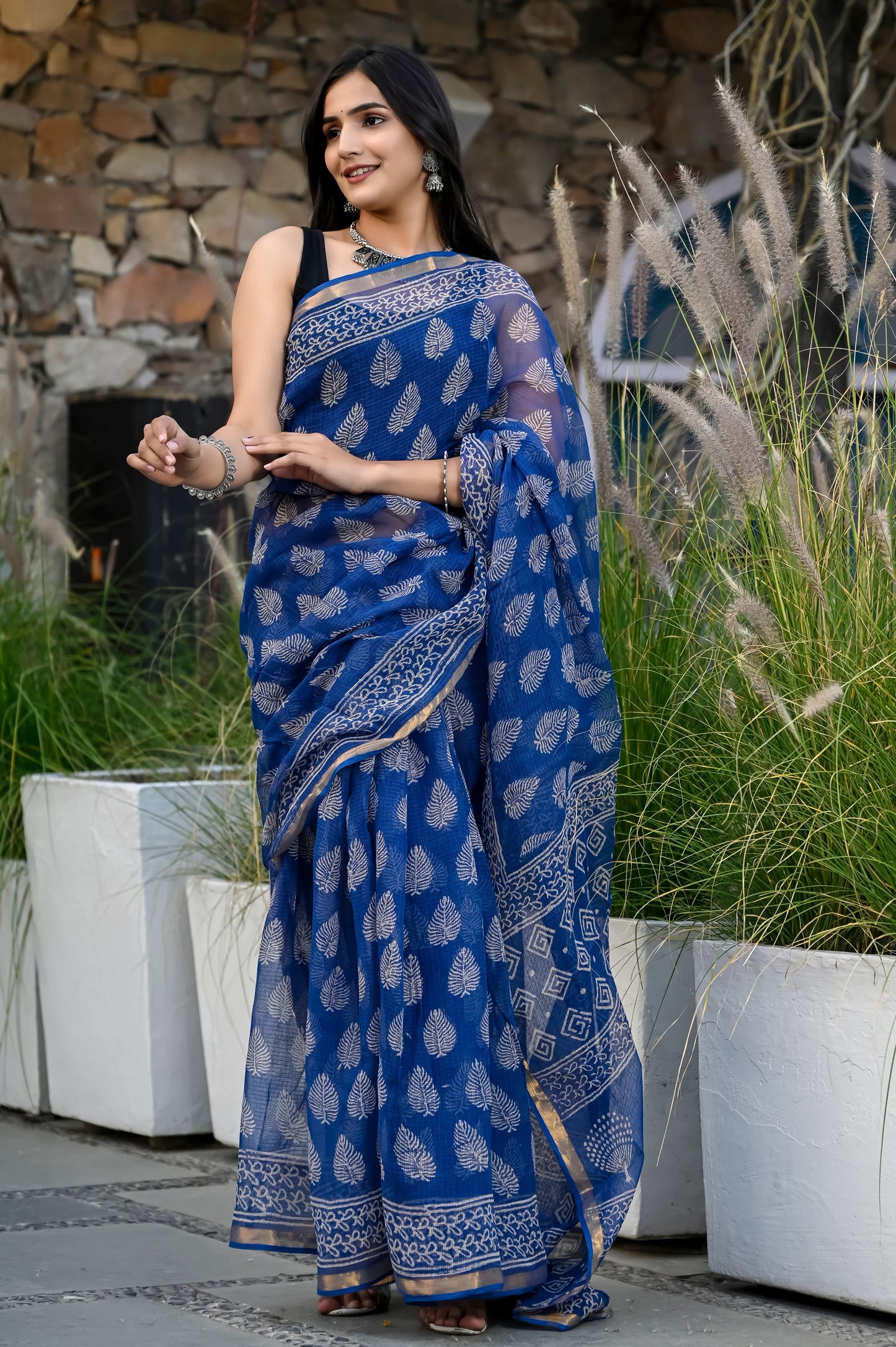 Blue booti hand block pure kota doria saree