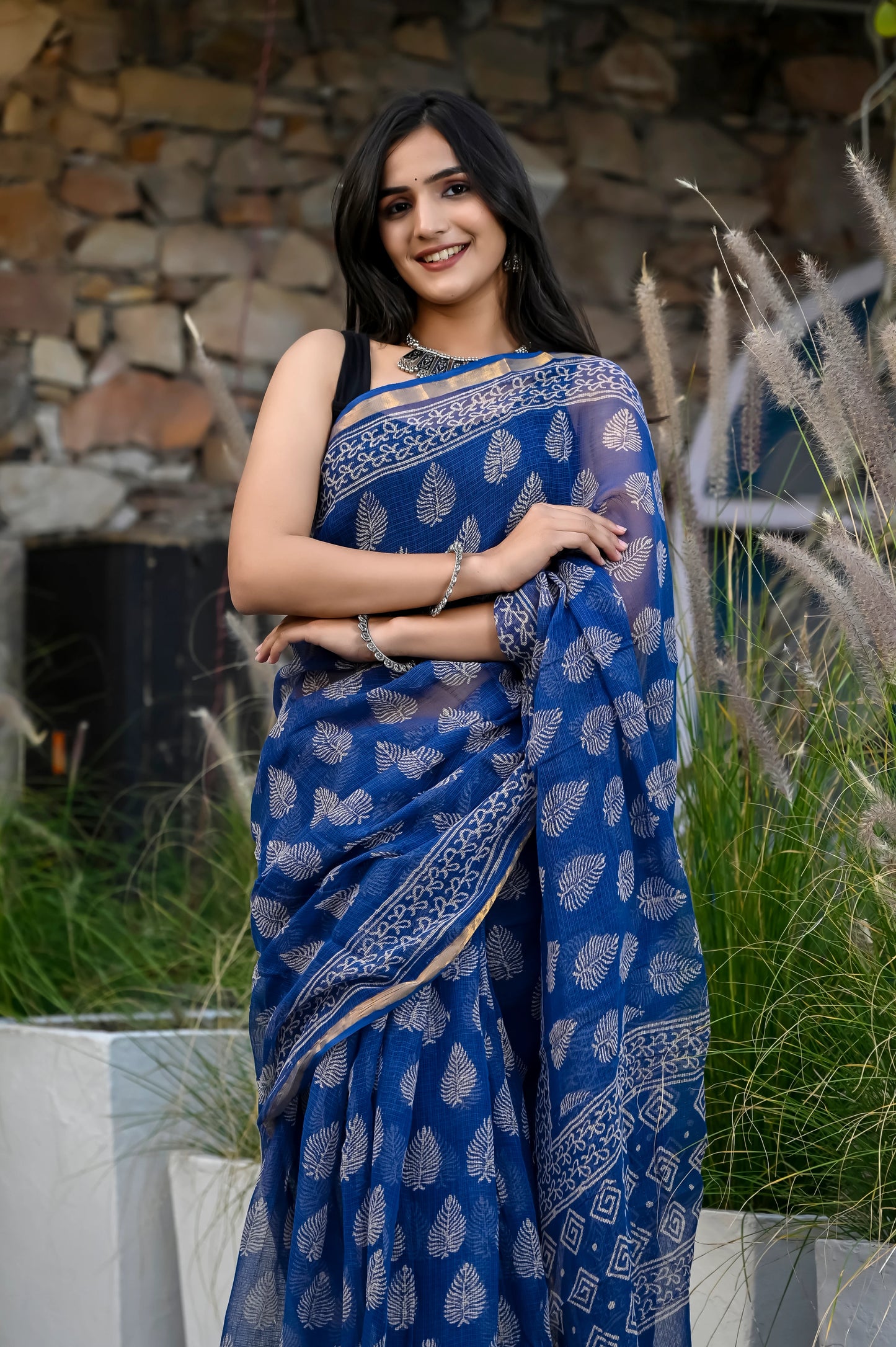 Blue booti hand block pure kota doria saree