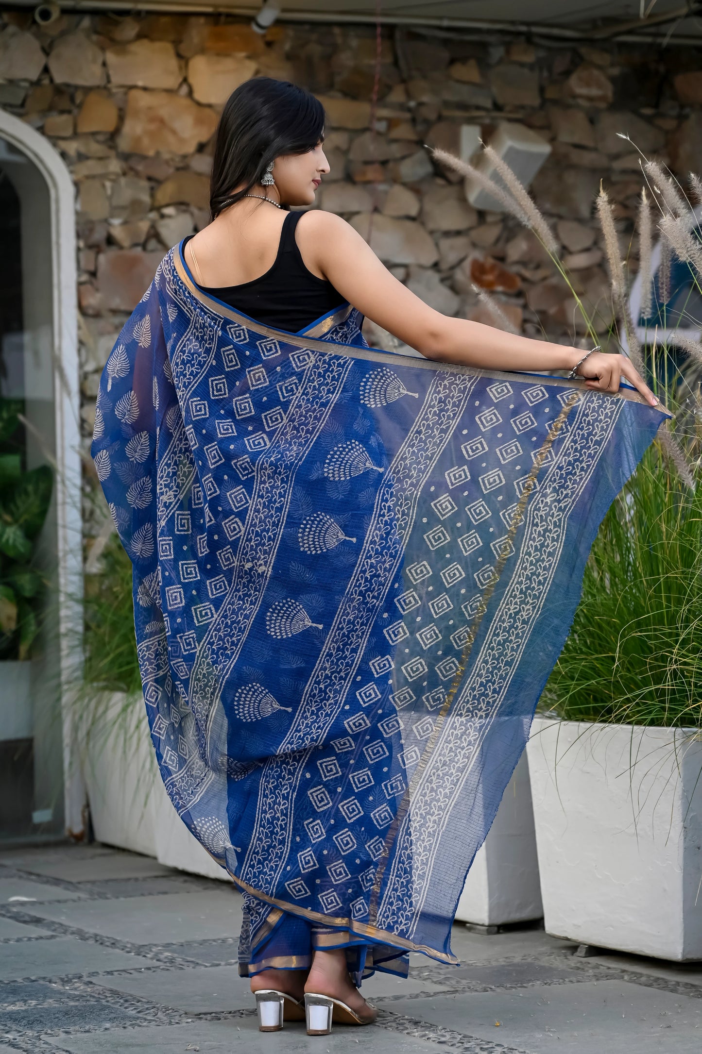 Blue booti hand block pure kota doria saree