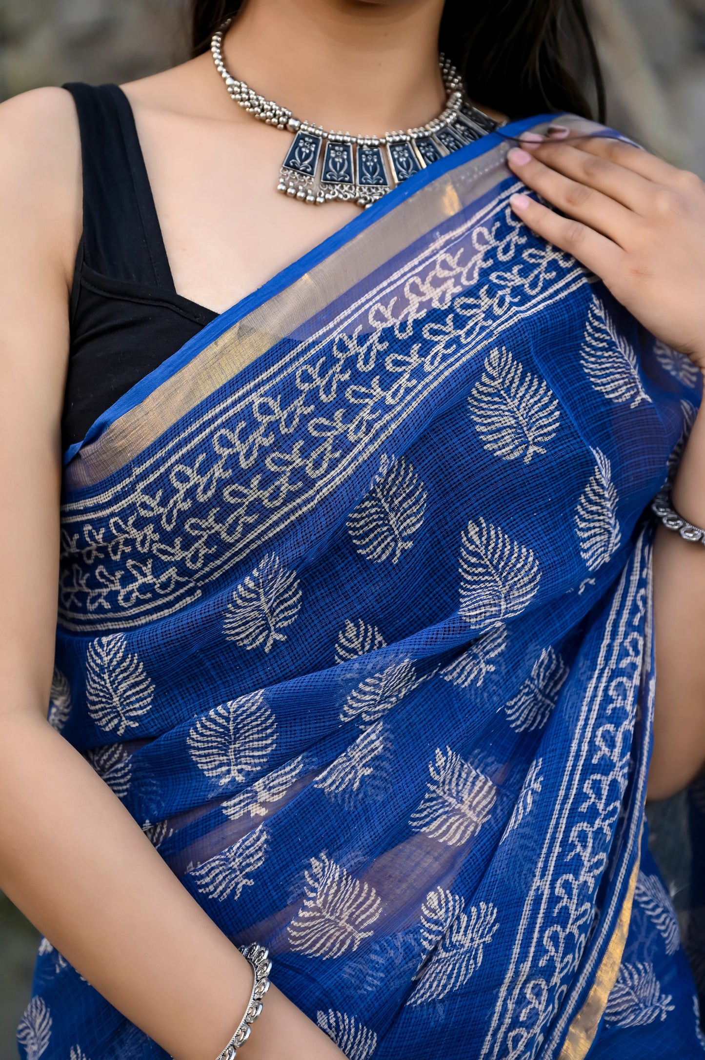 Blue booti hand block pure kota doria saree