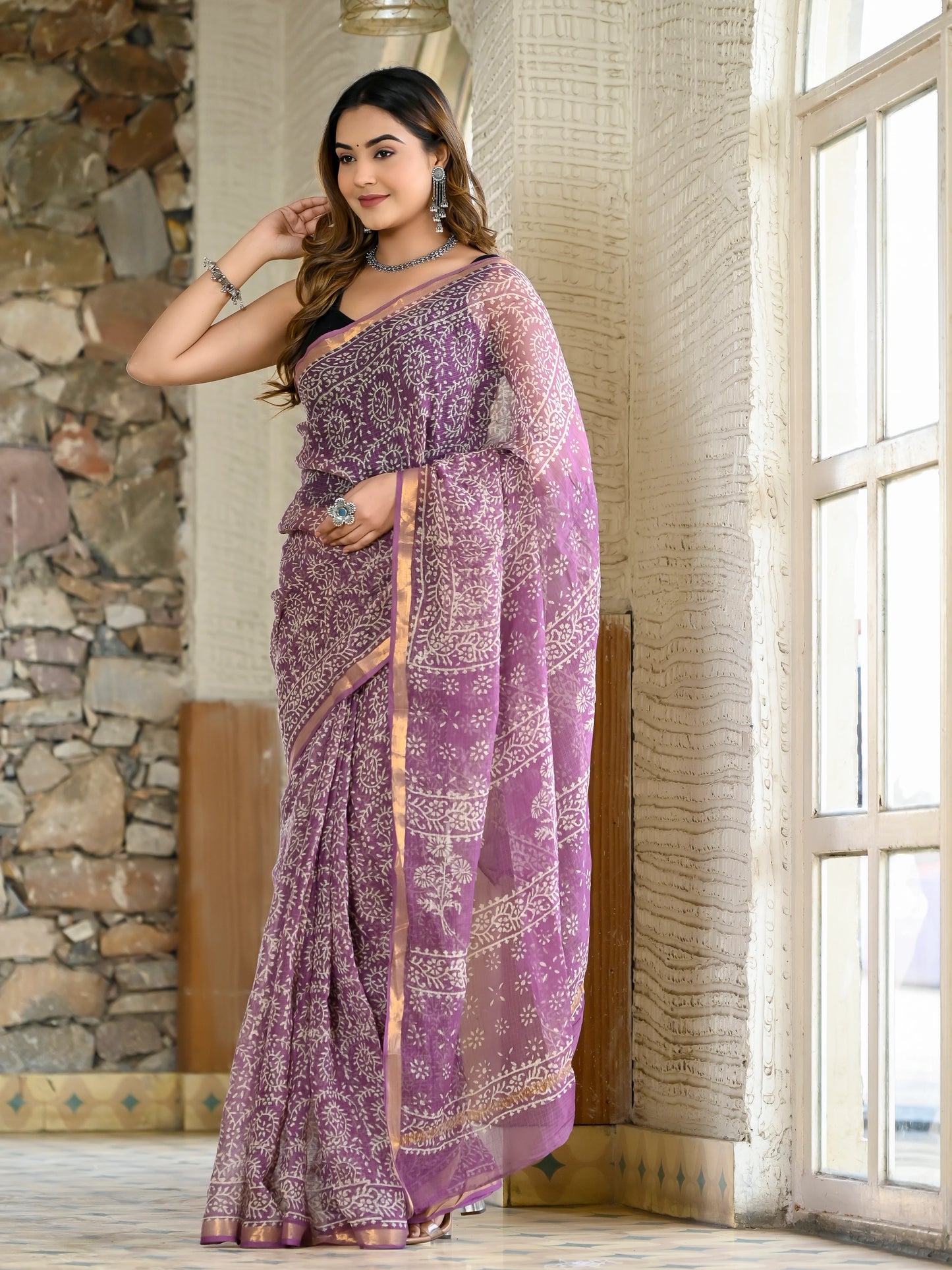 Purple hand block print pure kota doria saree