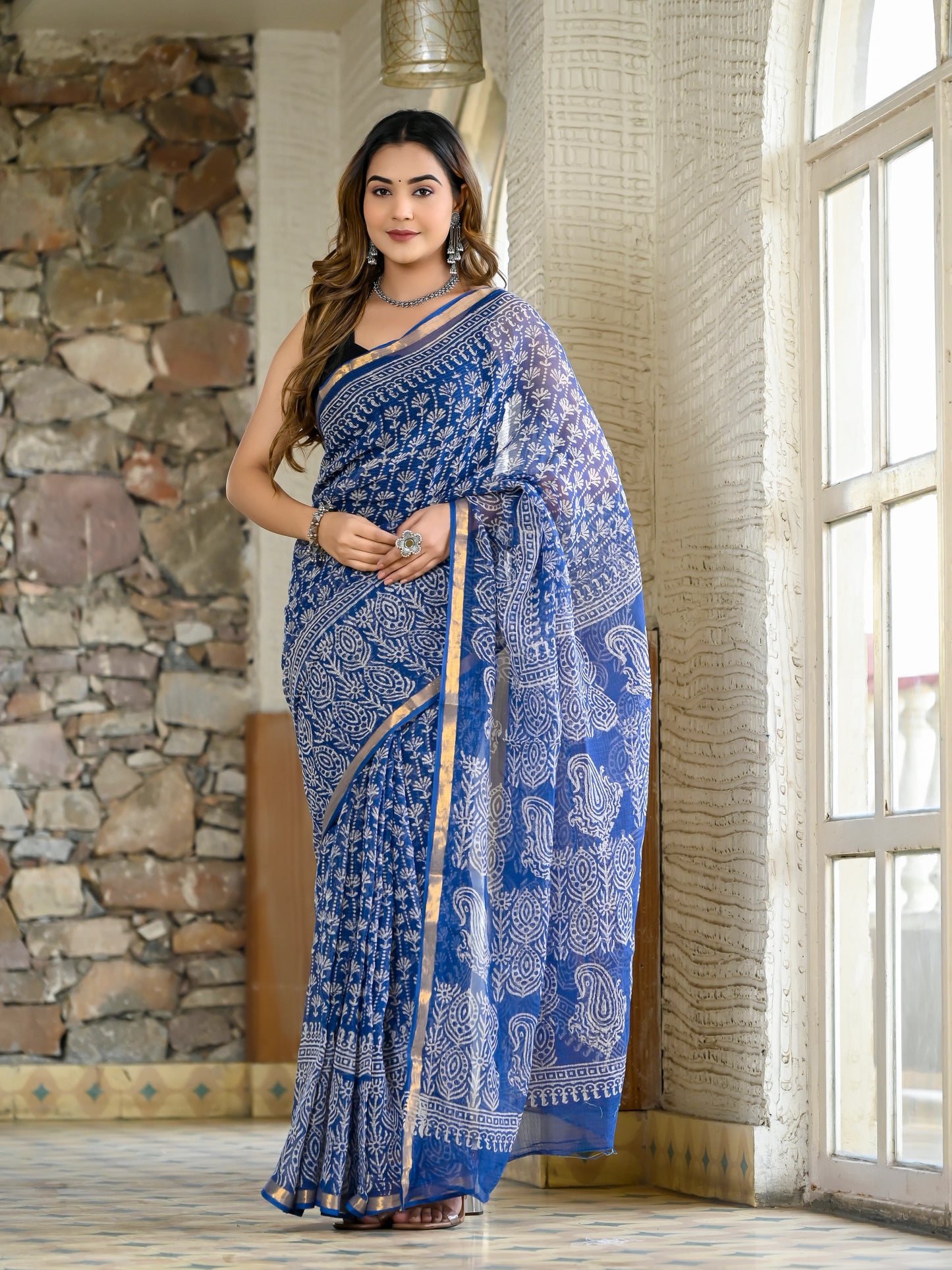 Blue jhaal pure hand block kota doria saree
