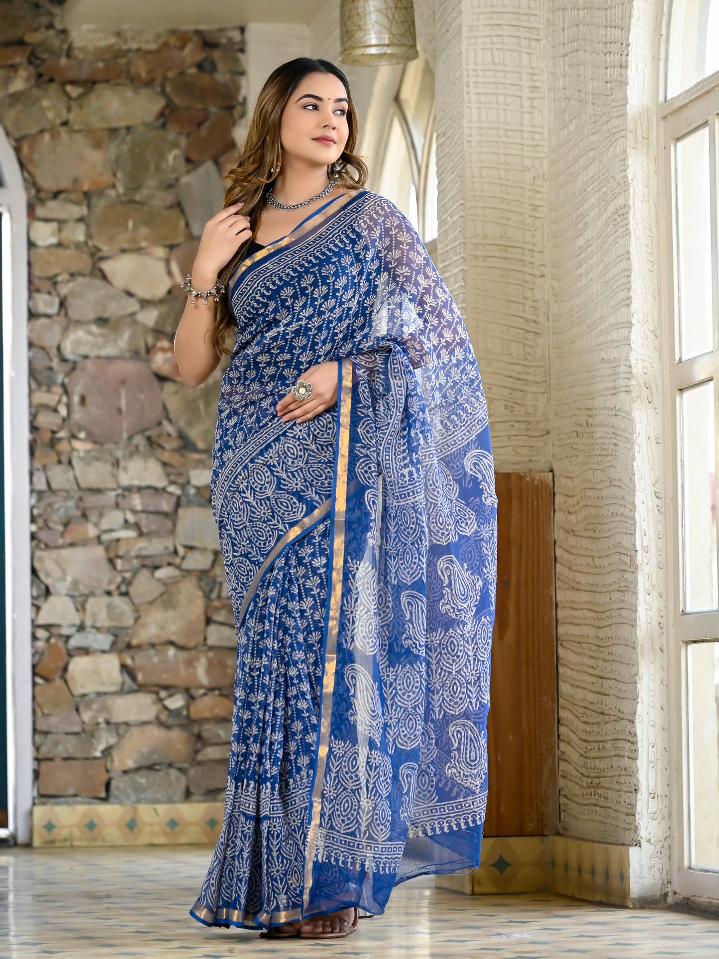 Blue jhaal pure hand block kota doria saree