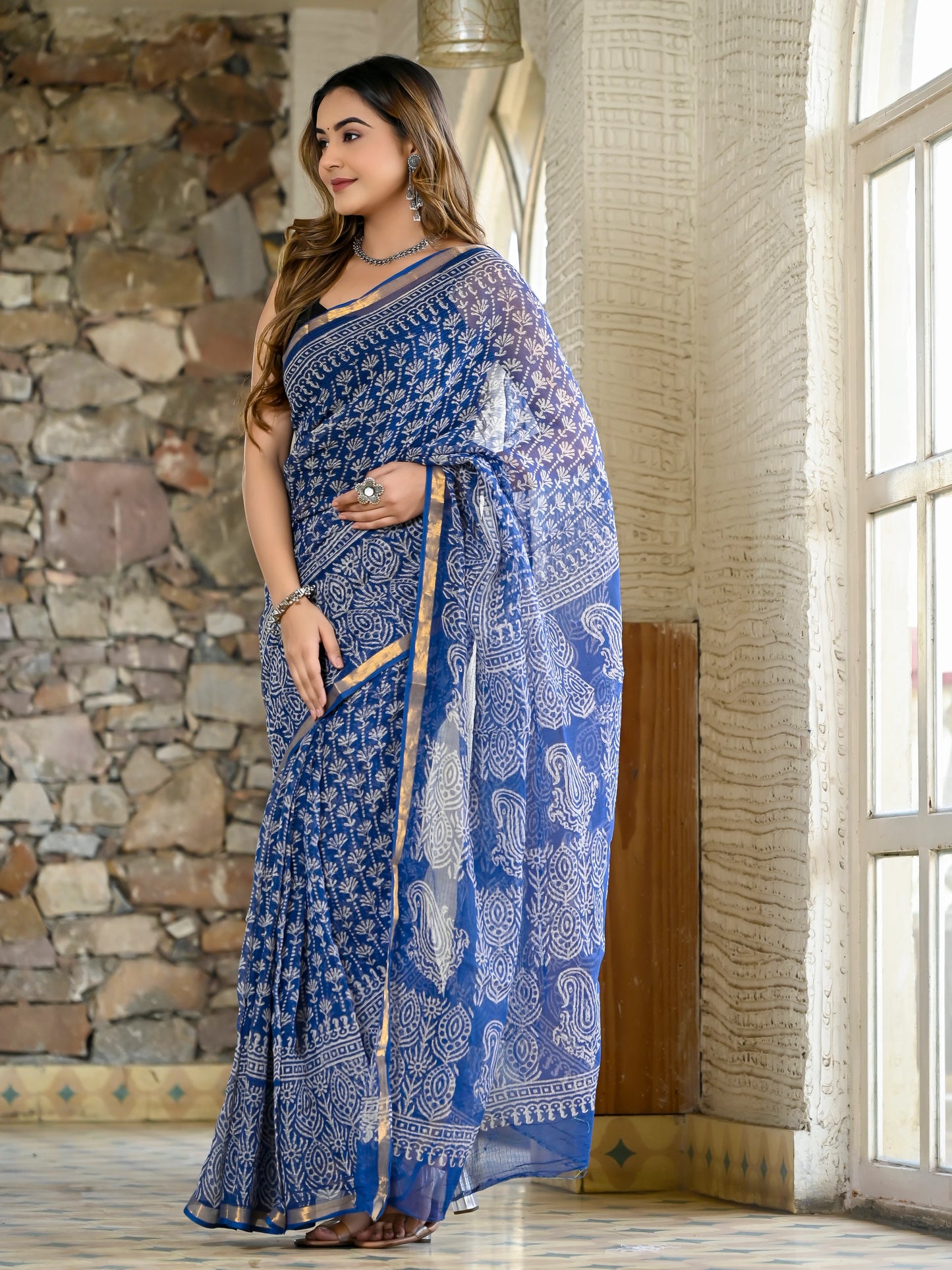 Blue jhaal pure hand block kota doria saree