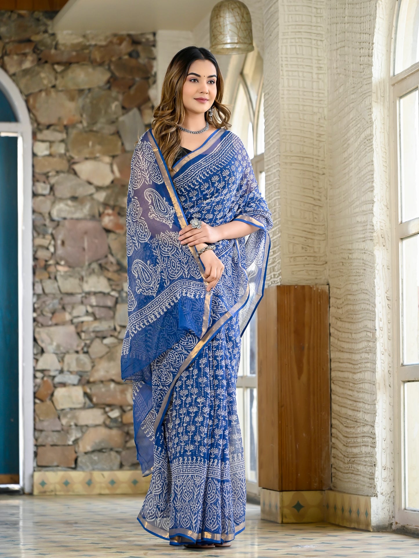 Blue jhaal pure hand block kota doria saree