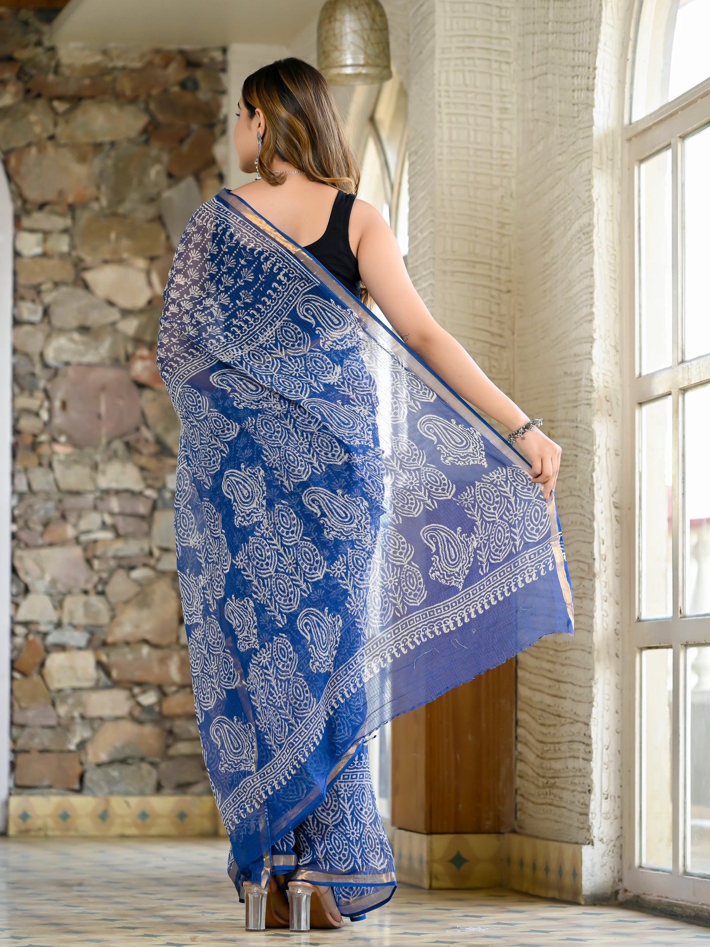 Blue jhaal pure hand block kota doria saree