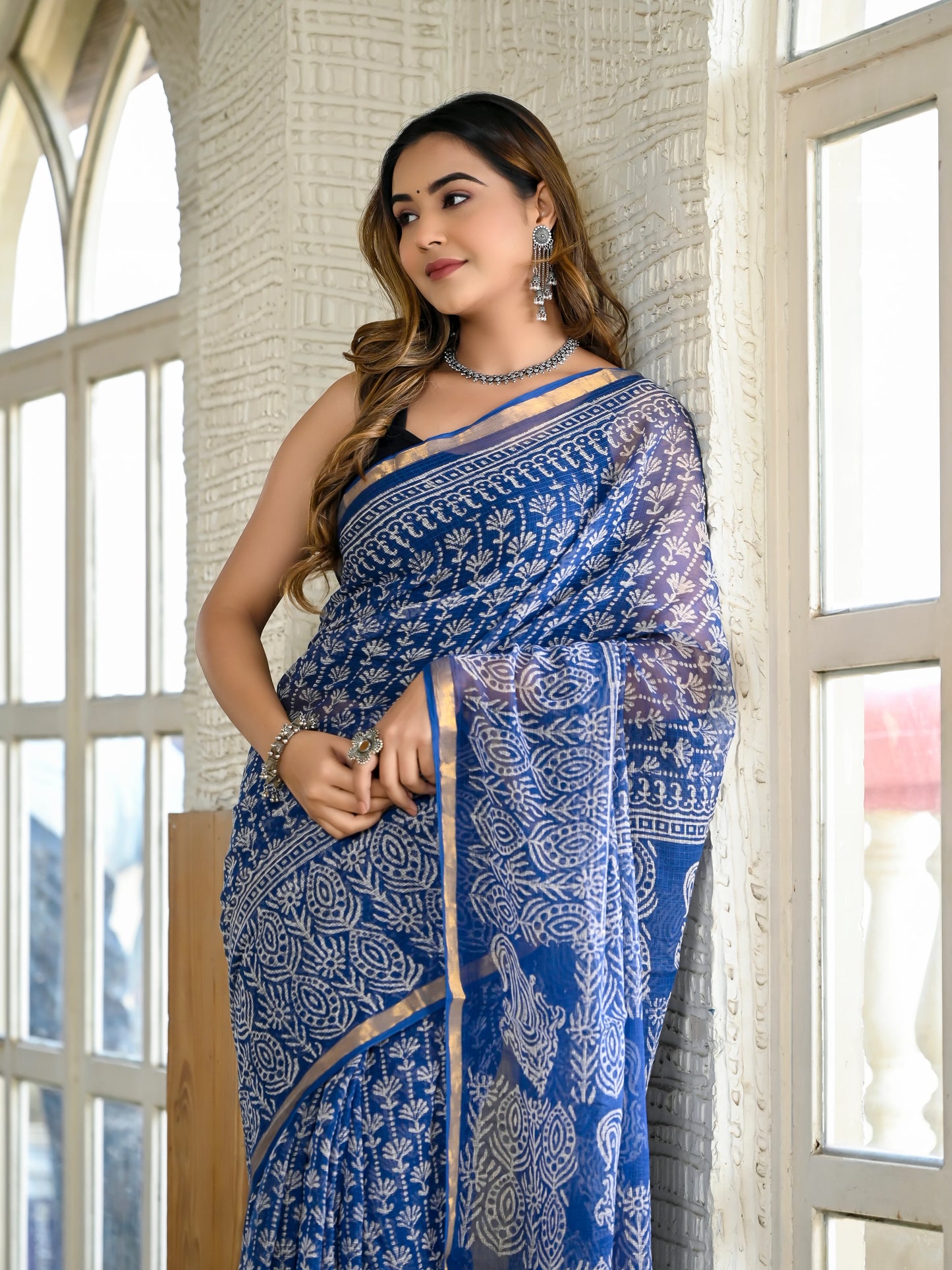 Blue jhaal pure hand block kota doria saree