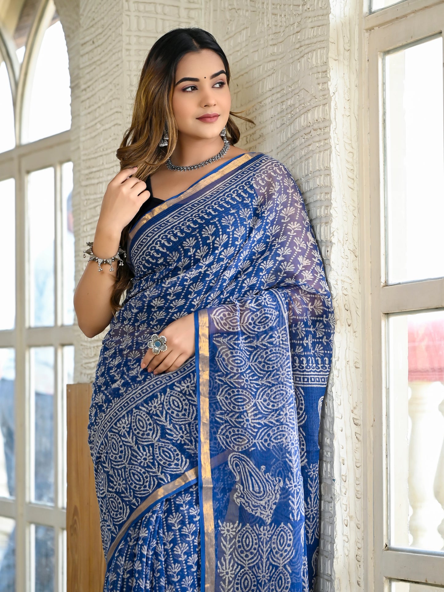 Blue jhaal pure hand block kota doria saree