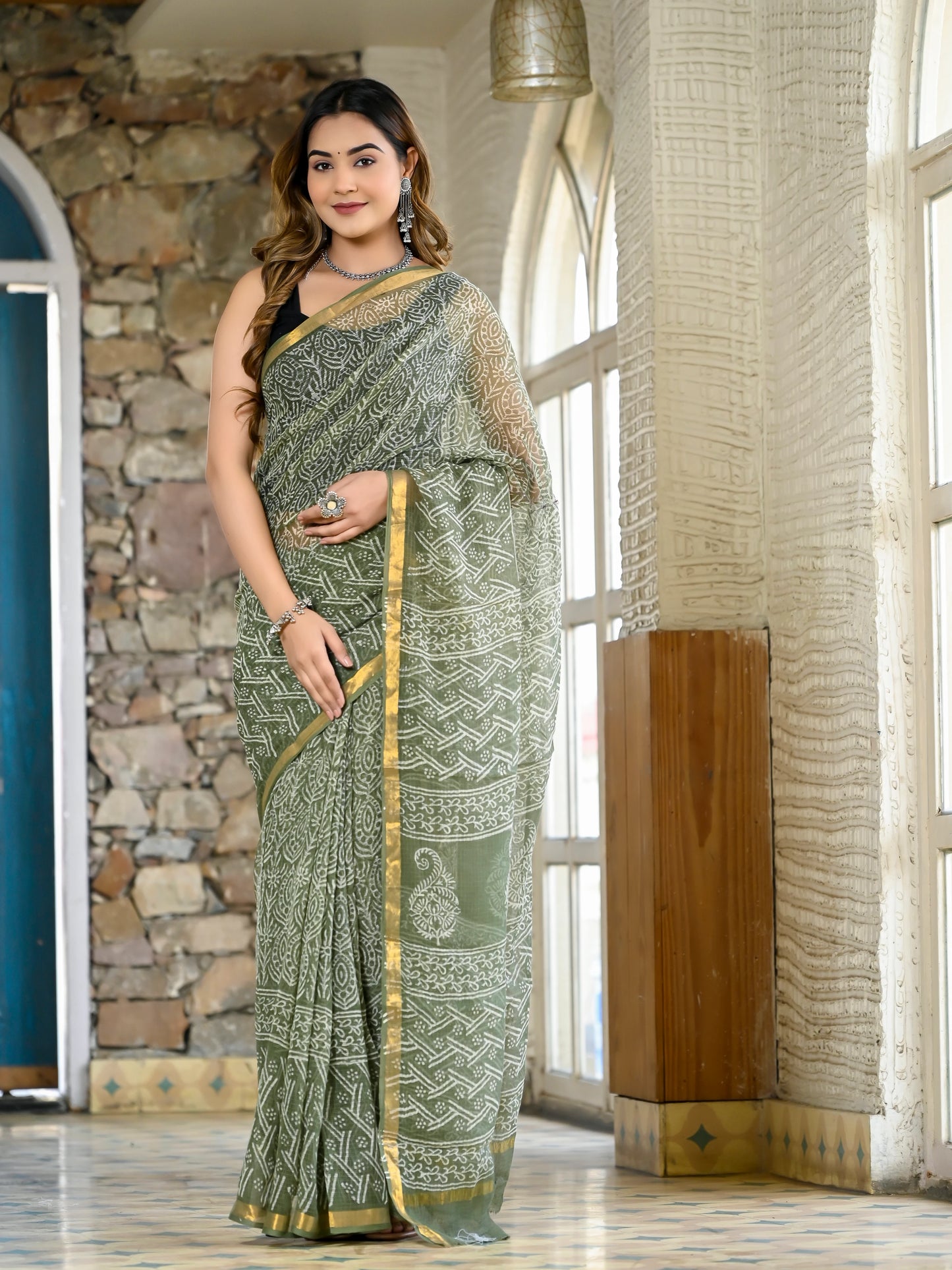 Green jhaal pure hand block print kota doria saree