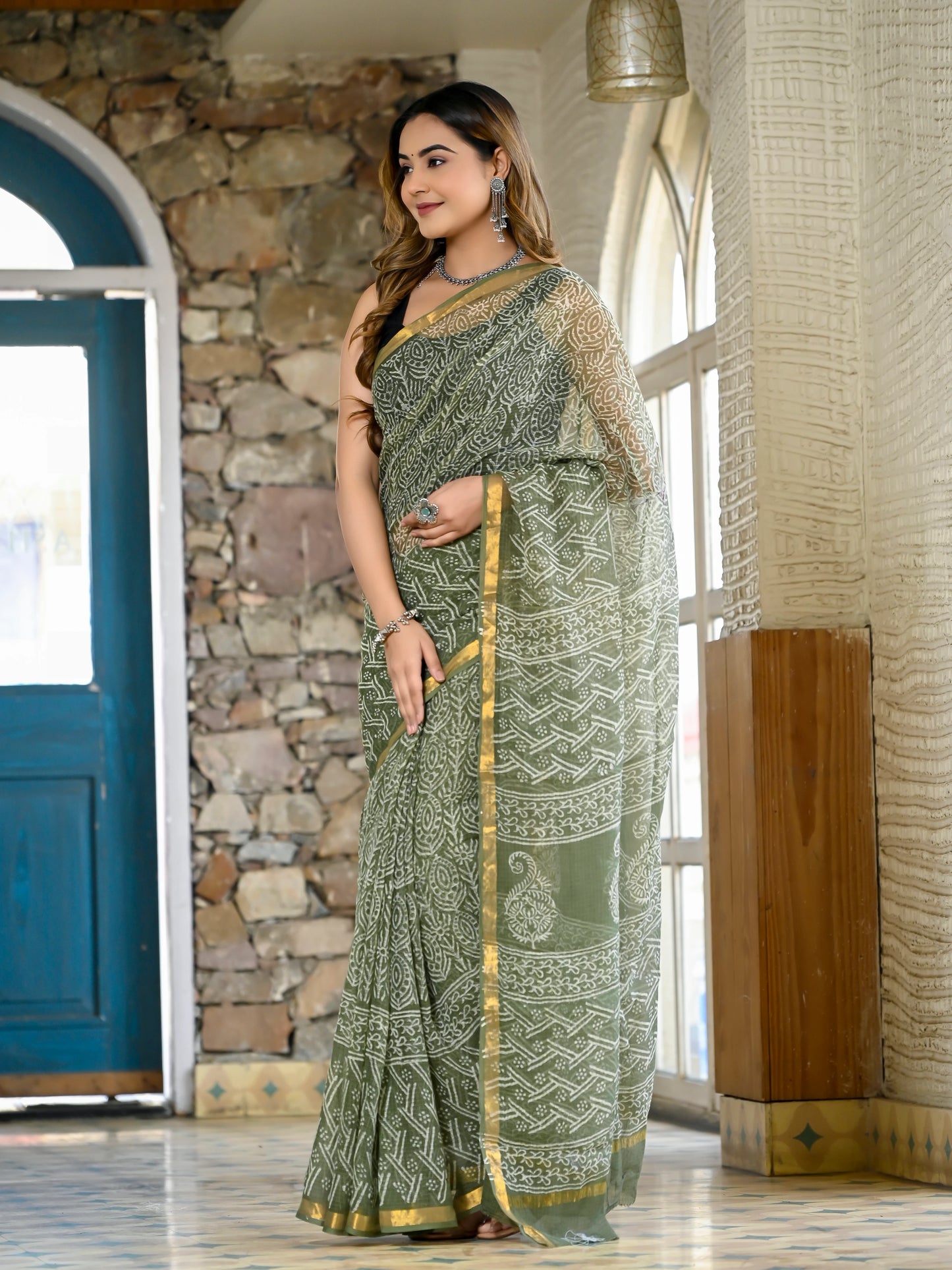 Green jhaal pure hand block print kota doria saree