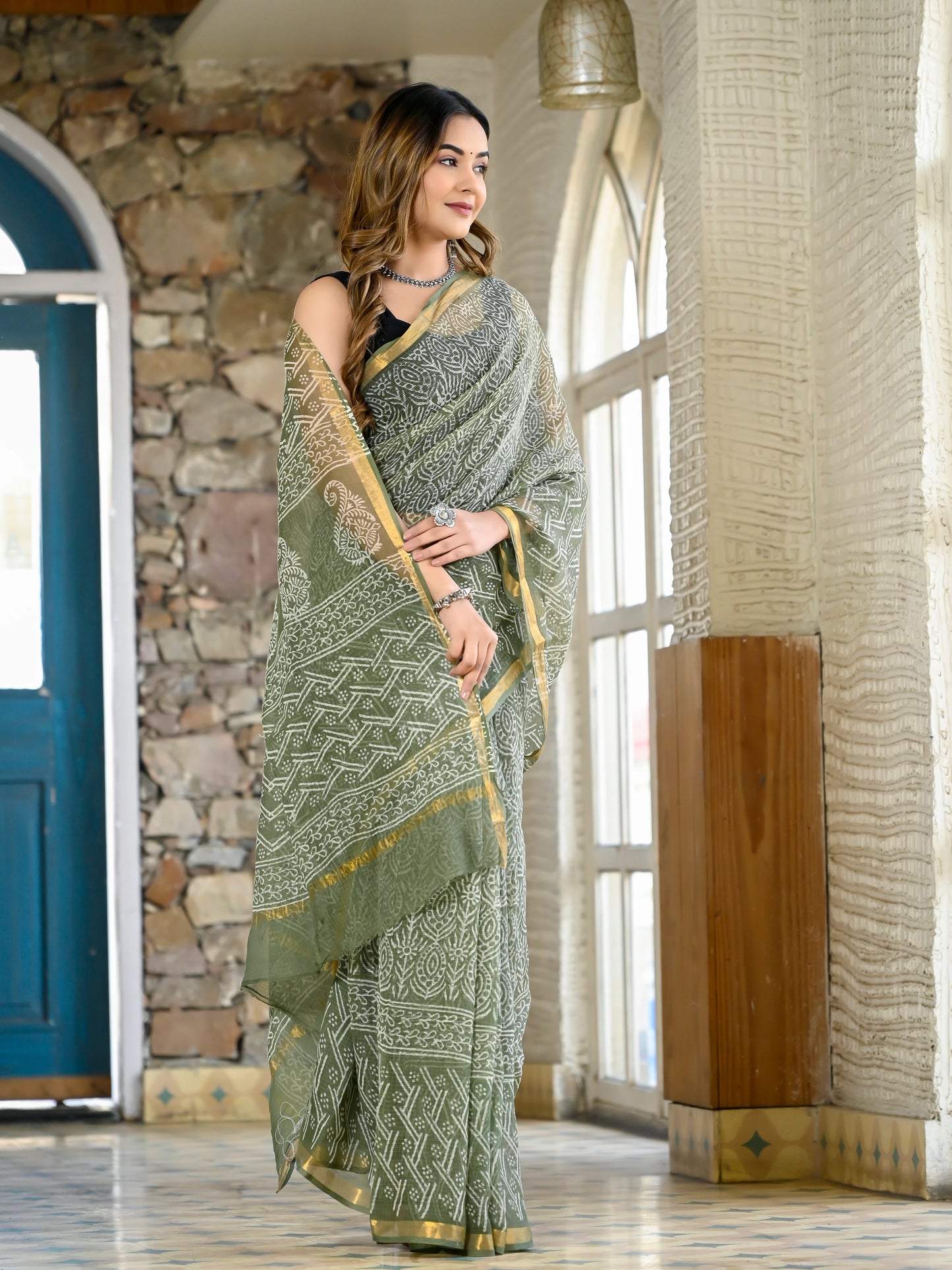 Green jhaal pure hand block print kota doria saree