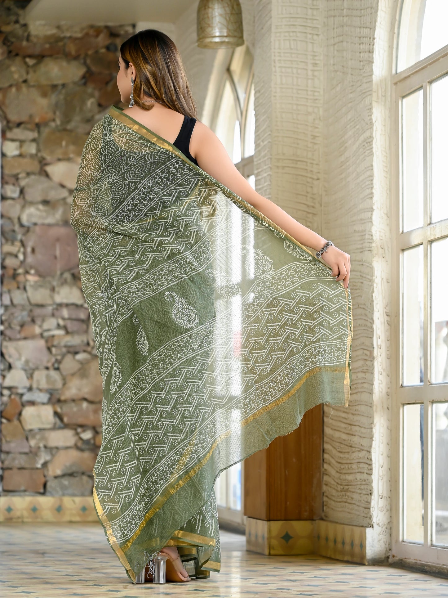 Green jhaal pure hand block print kota doria saree