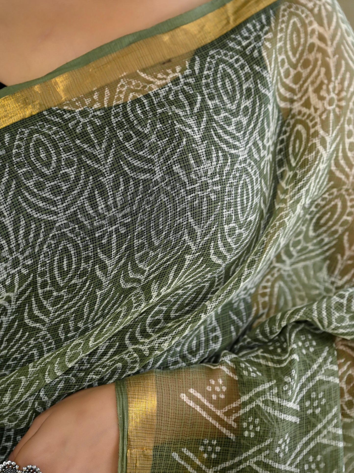 Green jhaal pure hand block print kota doria saree