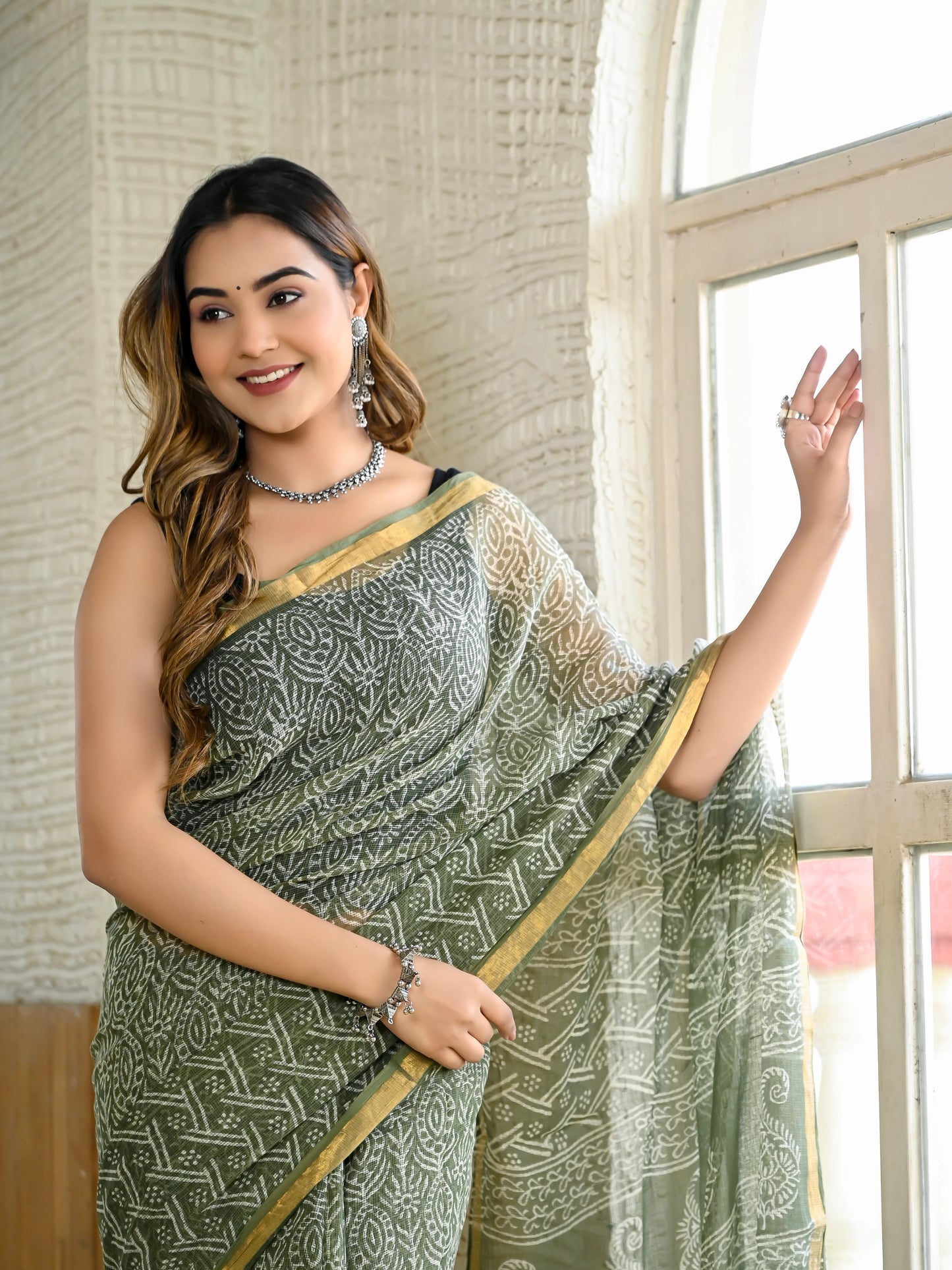Green jhaal pure hand block print kota doria saree