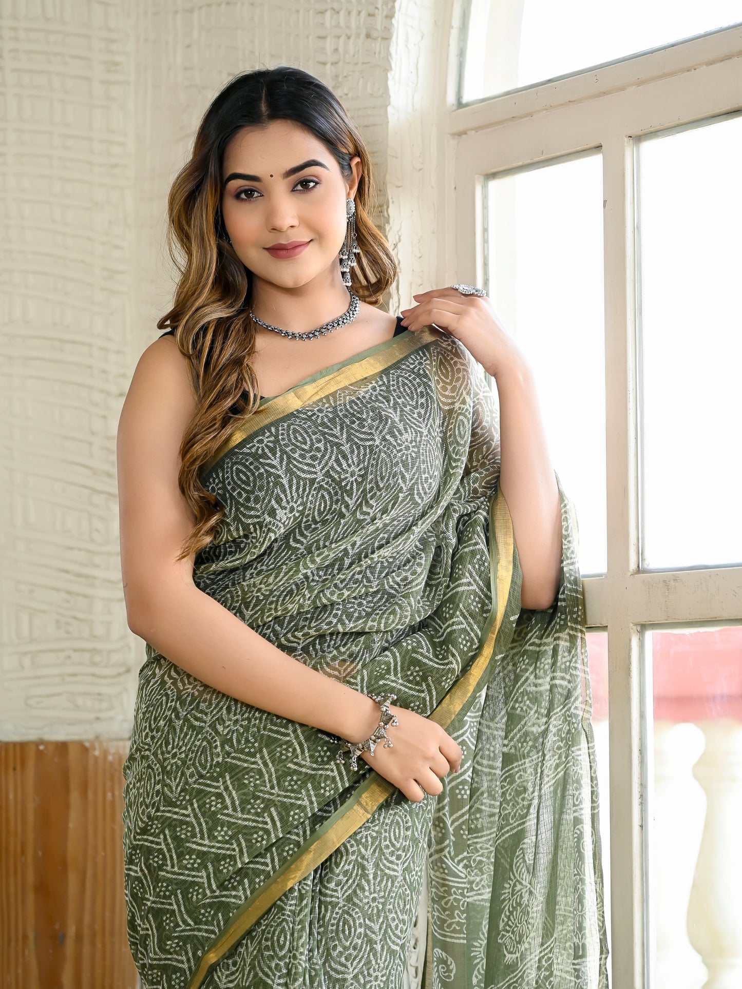 Green jhaal pure hand block print kota doria saree