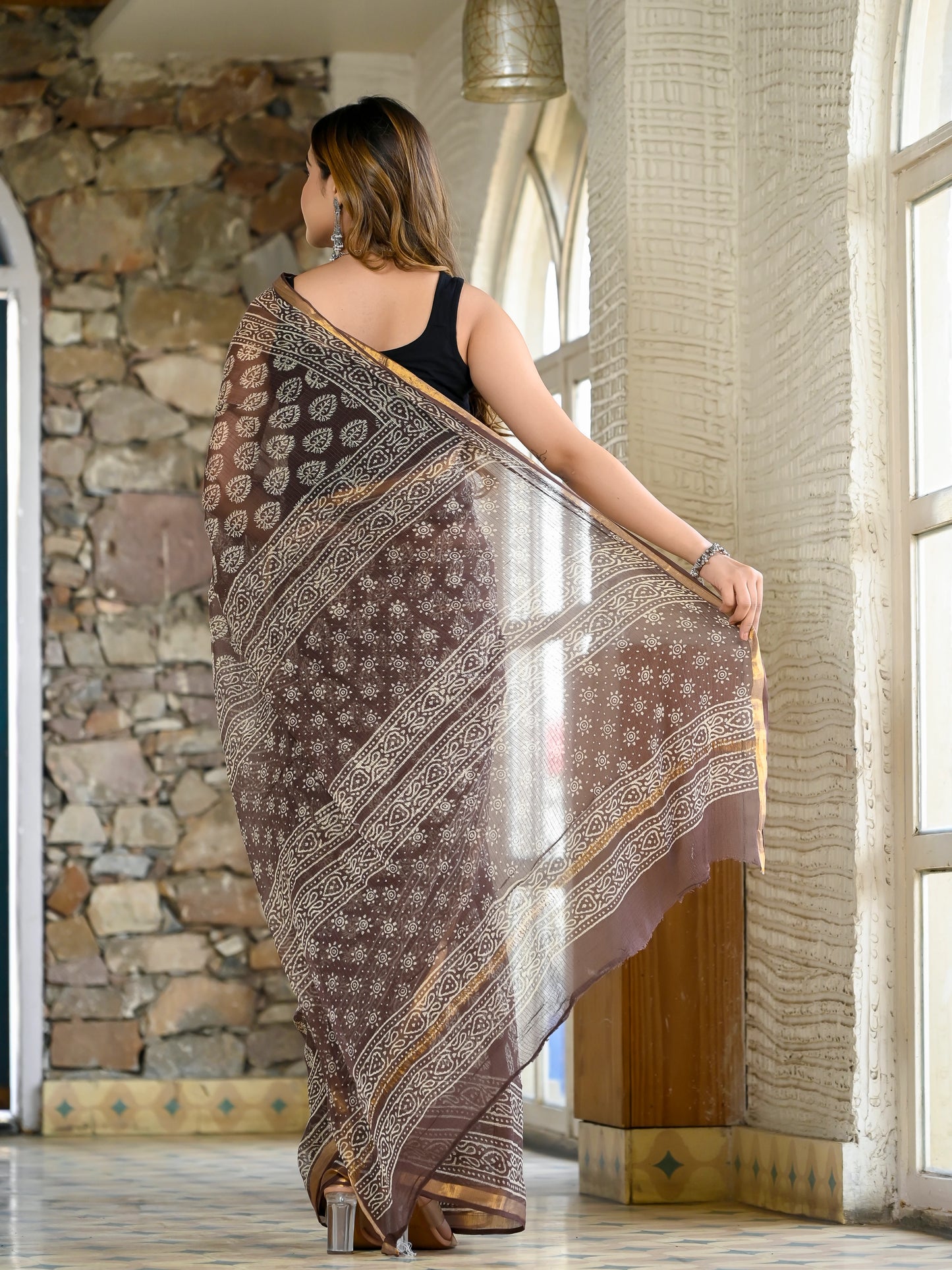 Brown booti pure hand block print kota doria saree