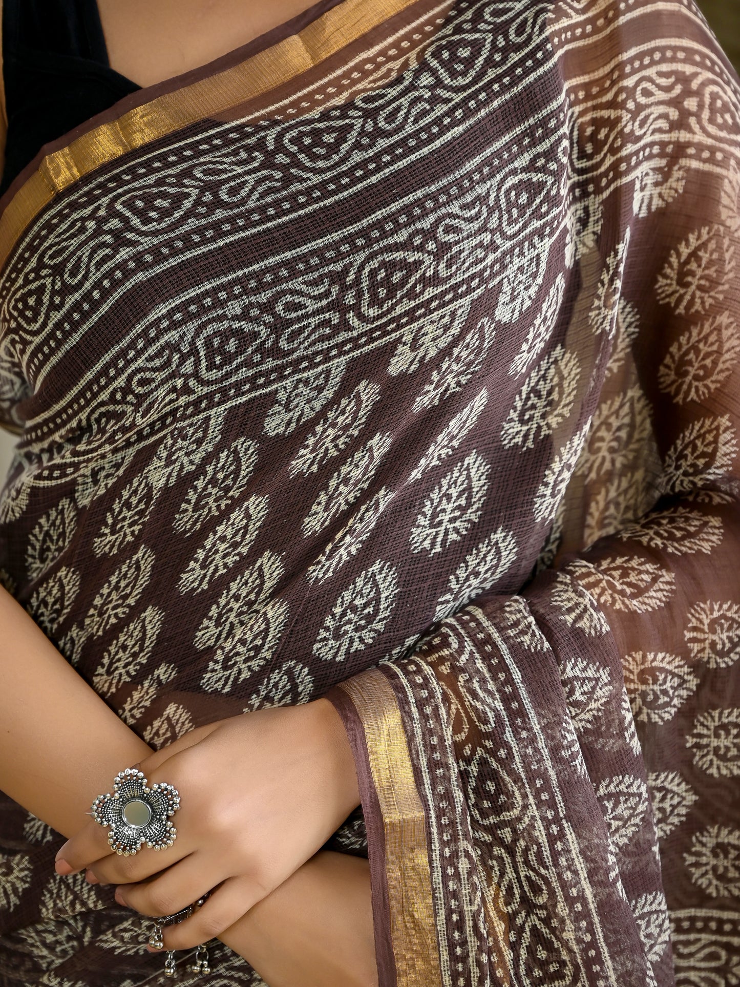 Brown booti pure hand block print kota doria saree