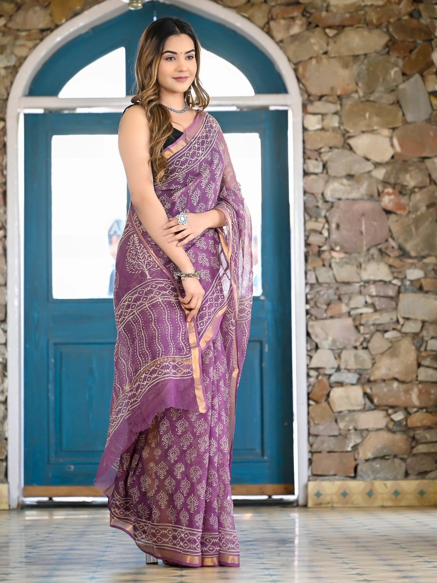Purple booti pure hand block print kota doria saree