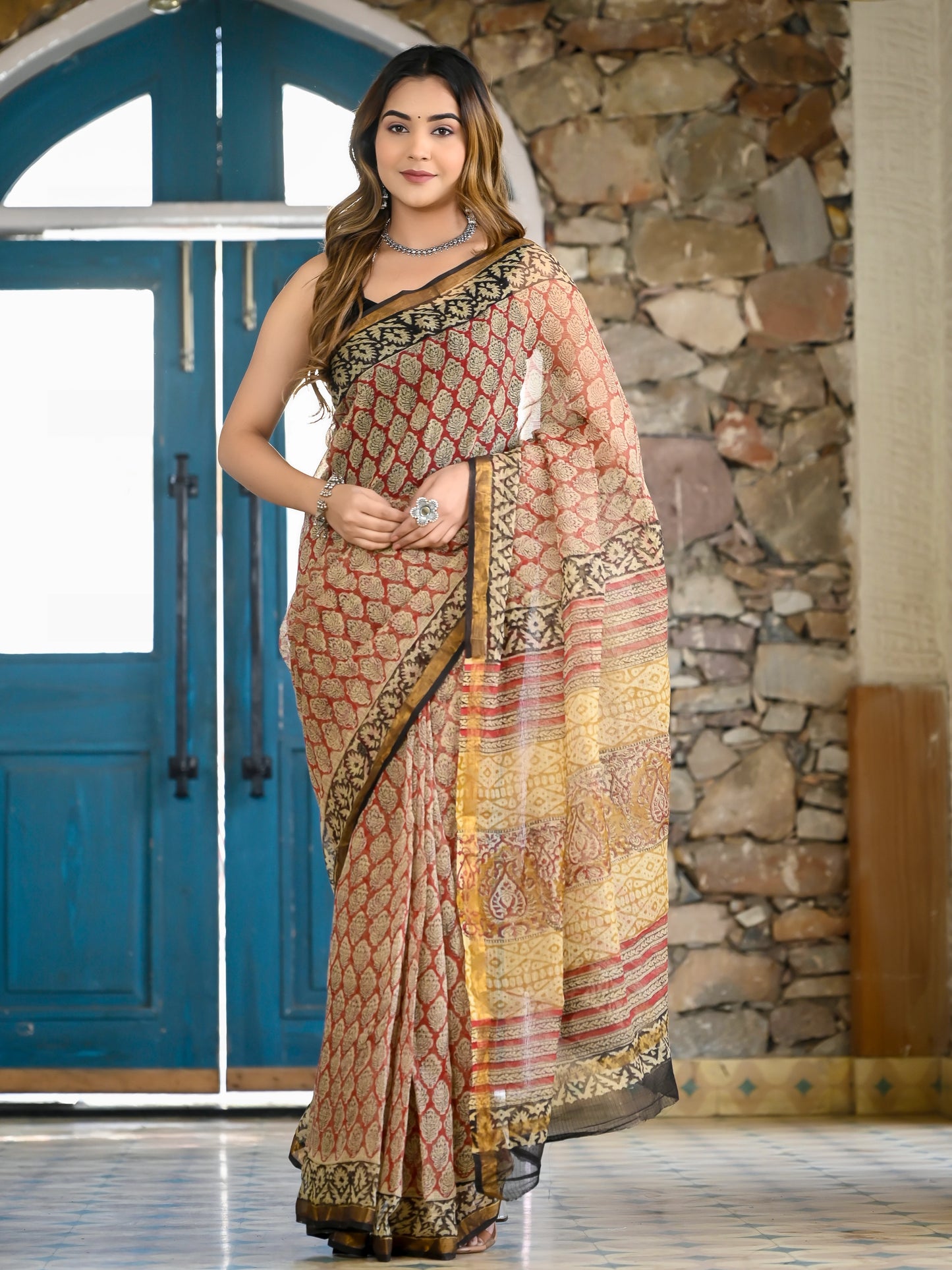 Red gadh bagru print pure hand block kota doria saree