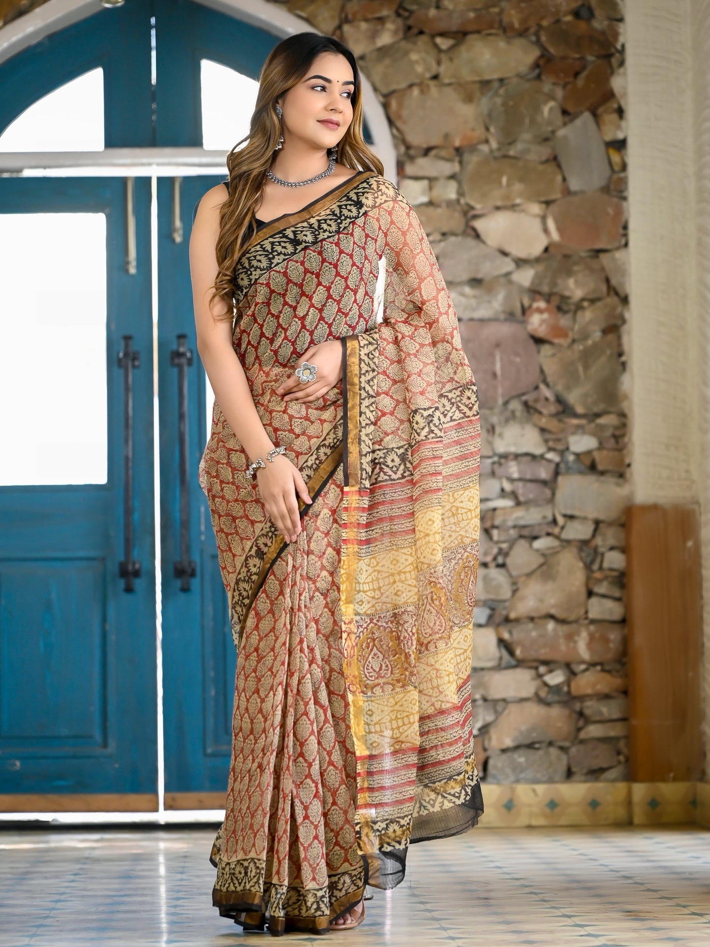 Red gadh bagru print pure hand block kota doria saree