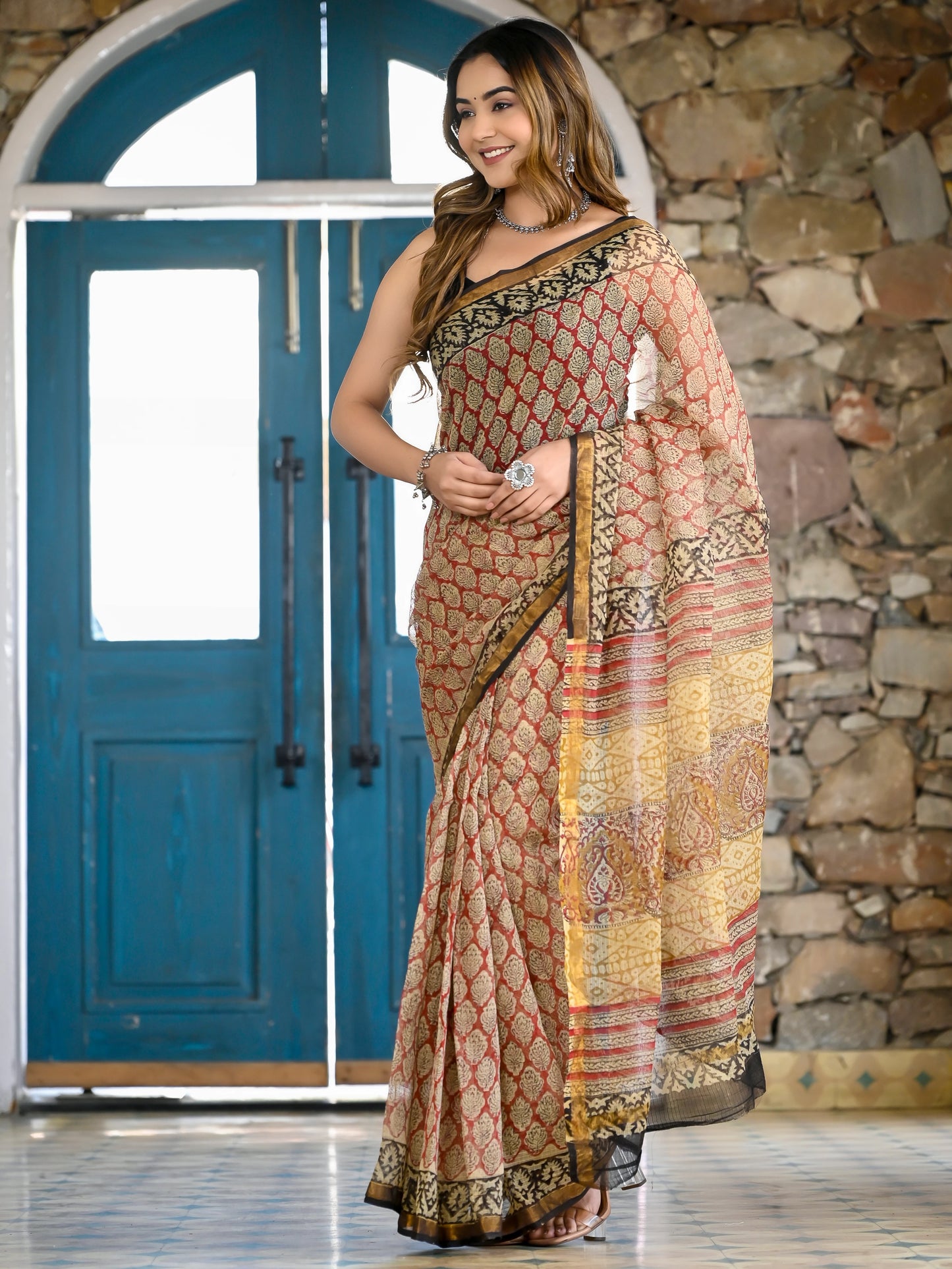 Red gadh bagru print pure hand block kota doria saree