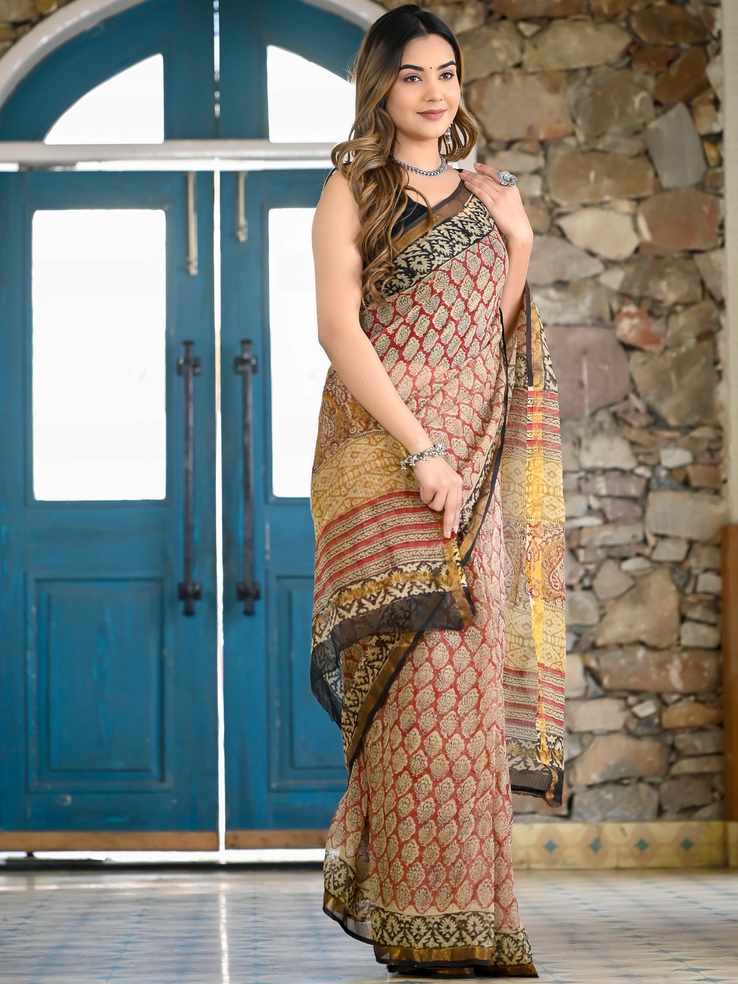 Red gadh bagru print pure hand block kota doria saree