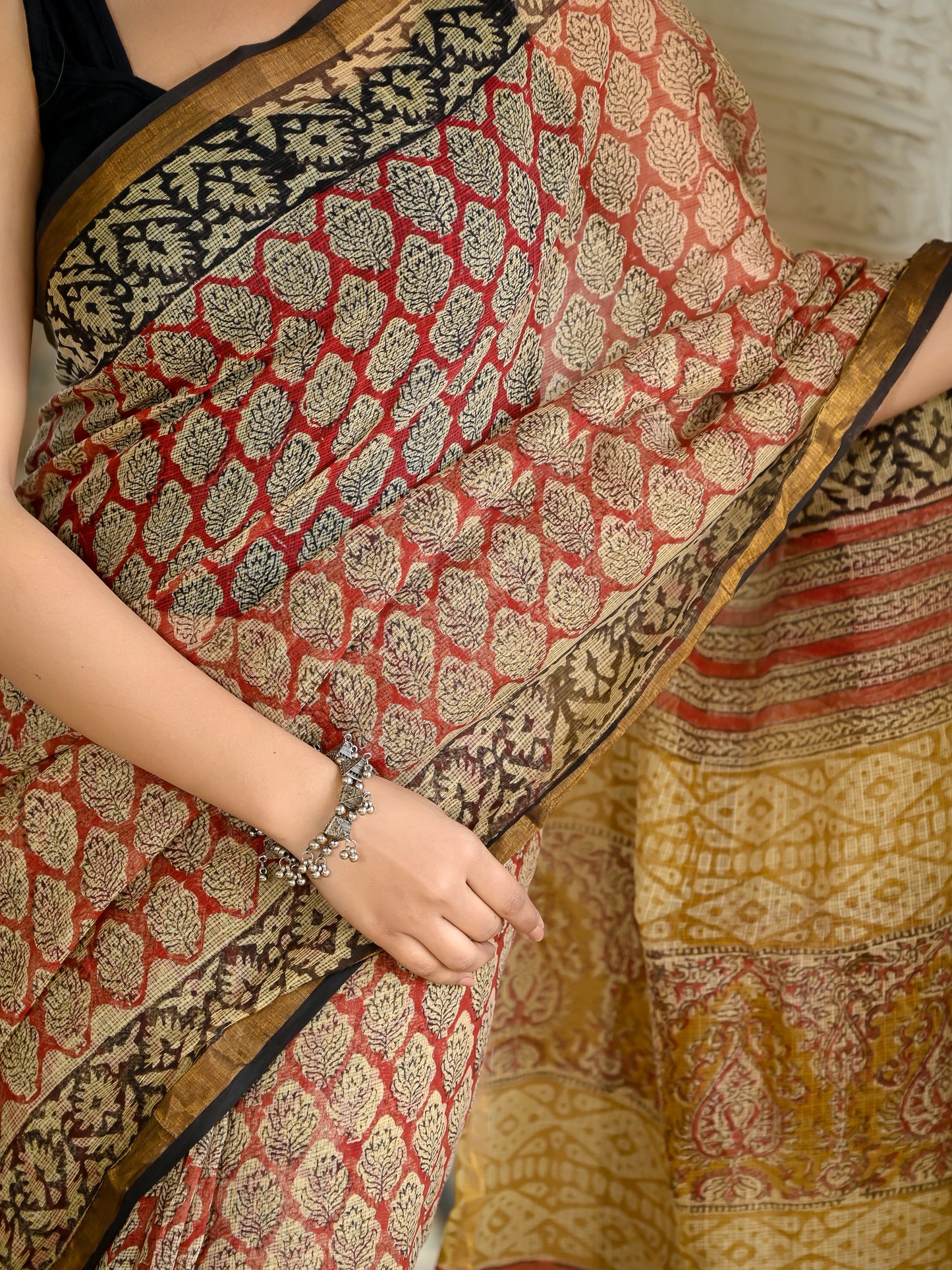 Red gadh bagru print pure hand block kota doria saree