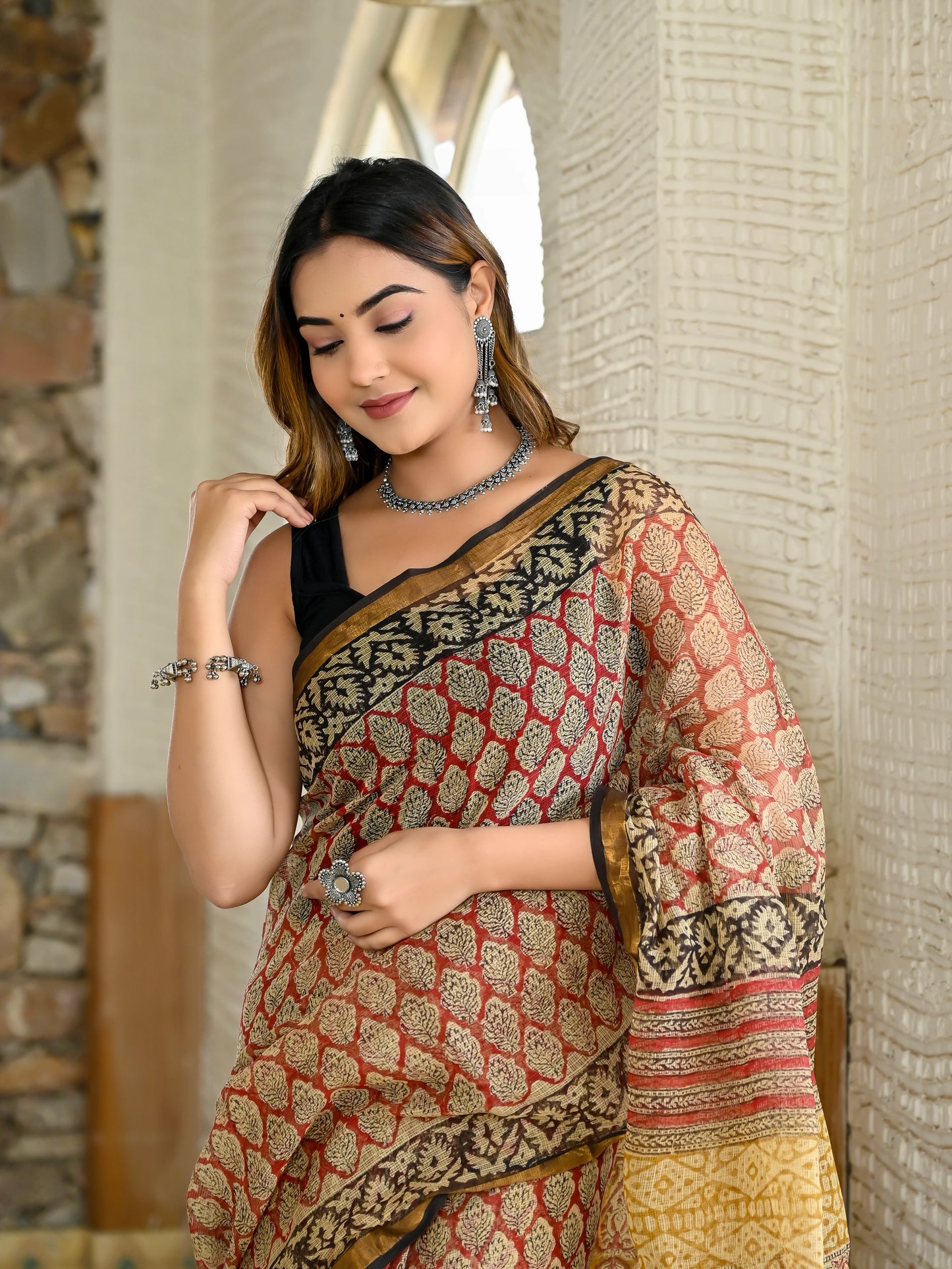 Red gadh bagru print pure hand block kota doria saree