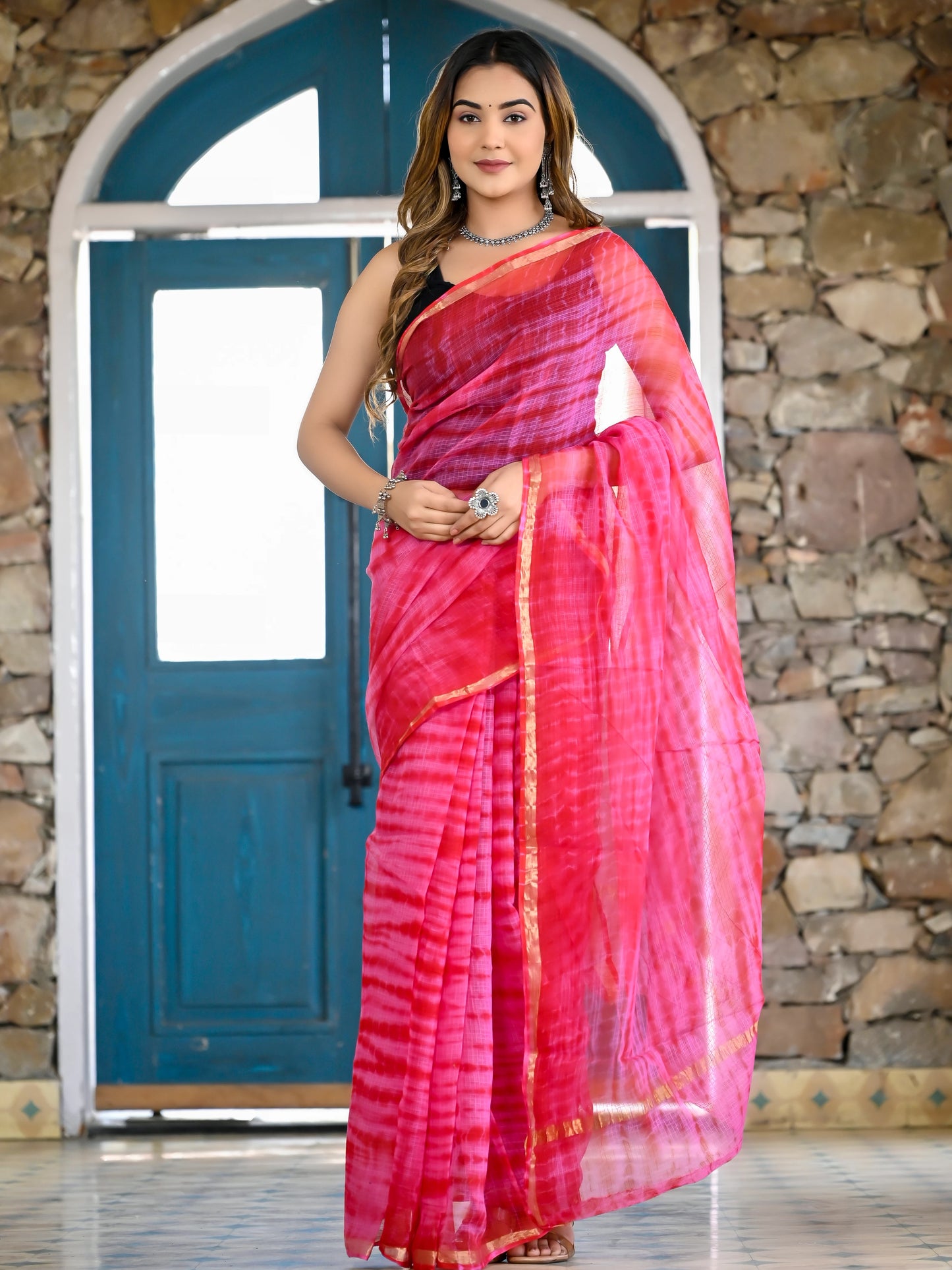 Pink Red tie & die print pure kota doria saree