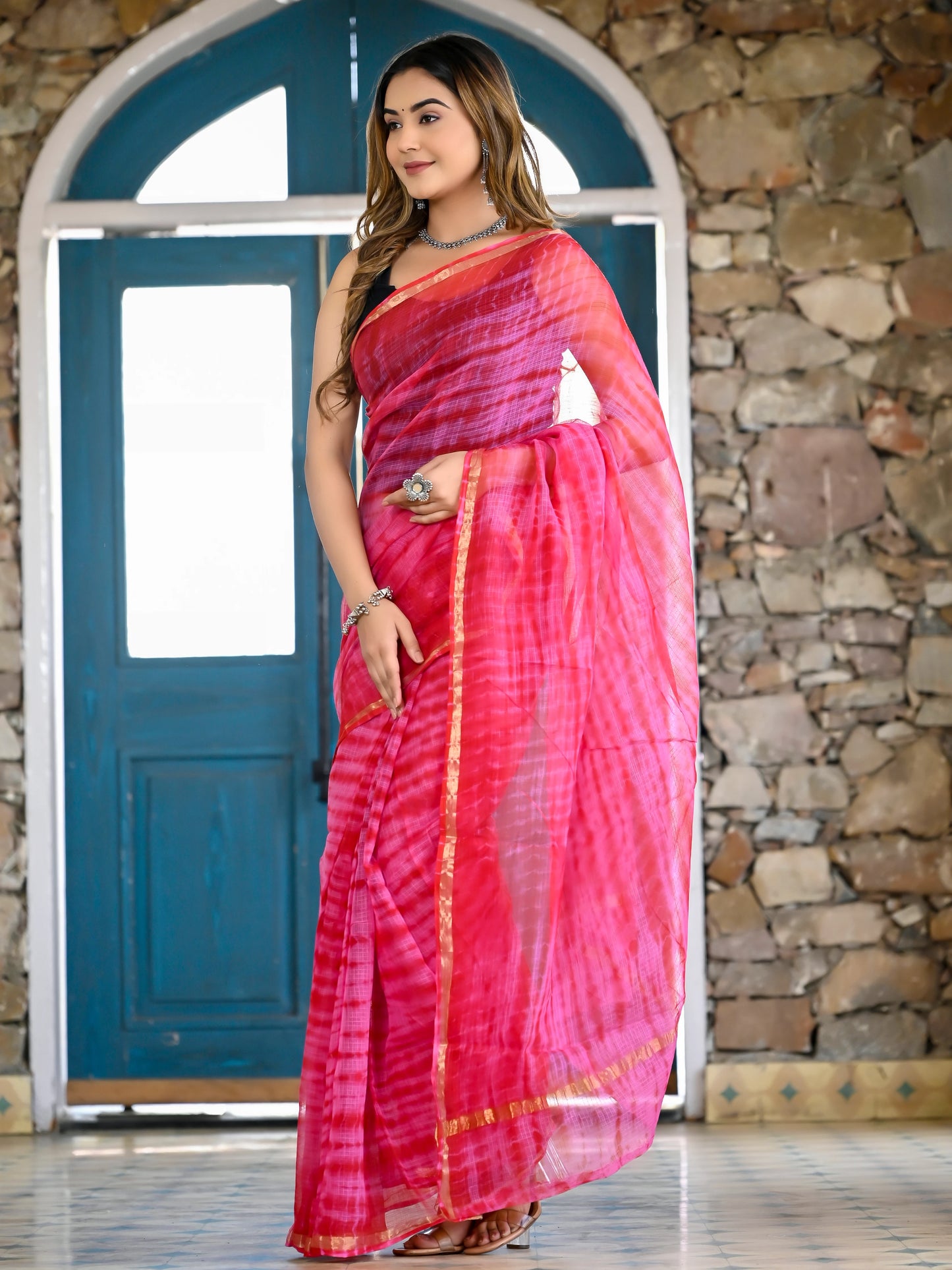 Pink Red tie & die print pure kota doria saree