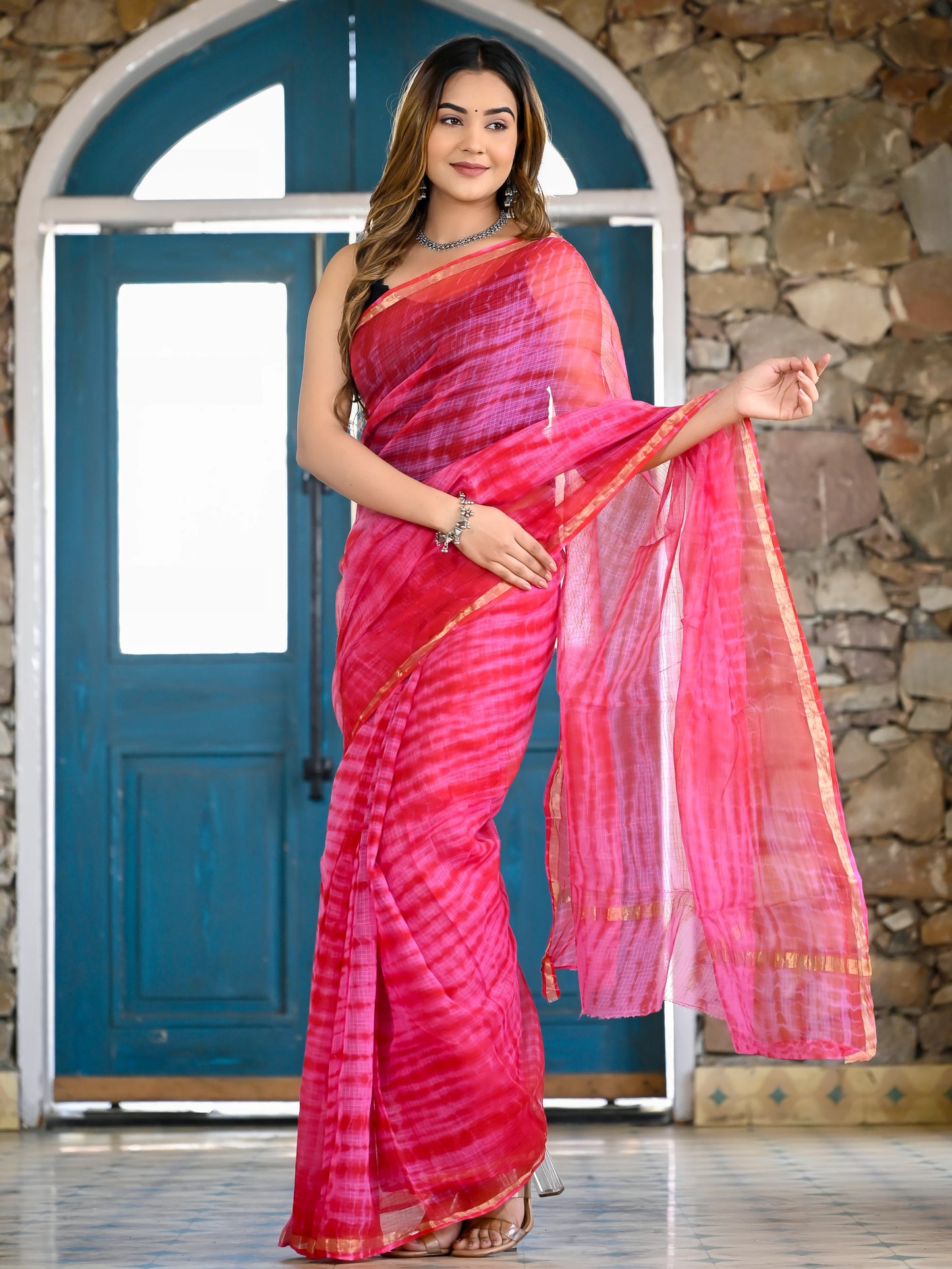 Pink Red tie & die print pure kota doria saree
