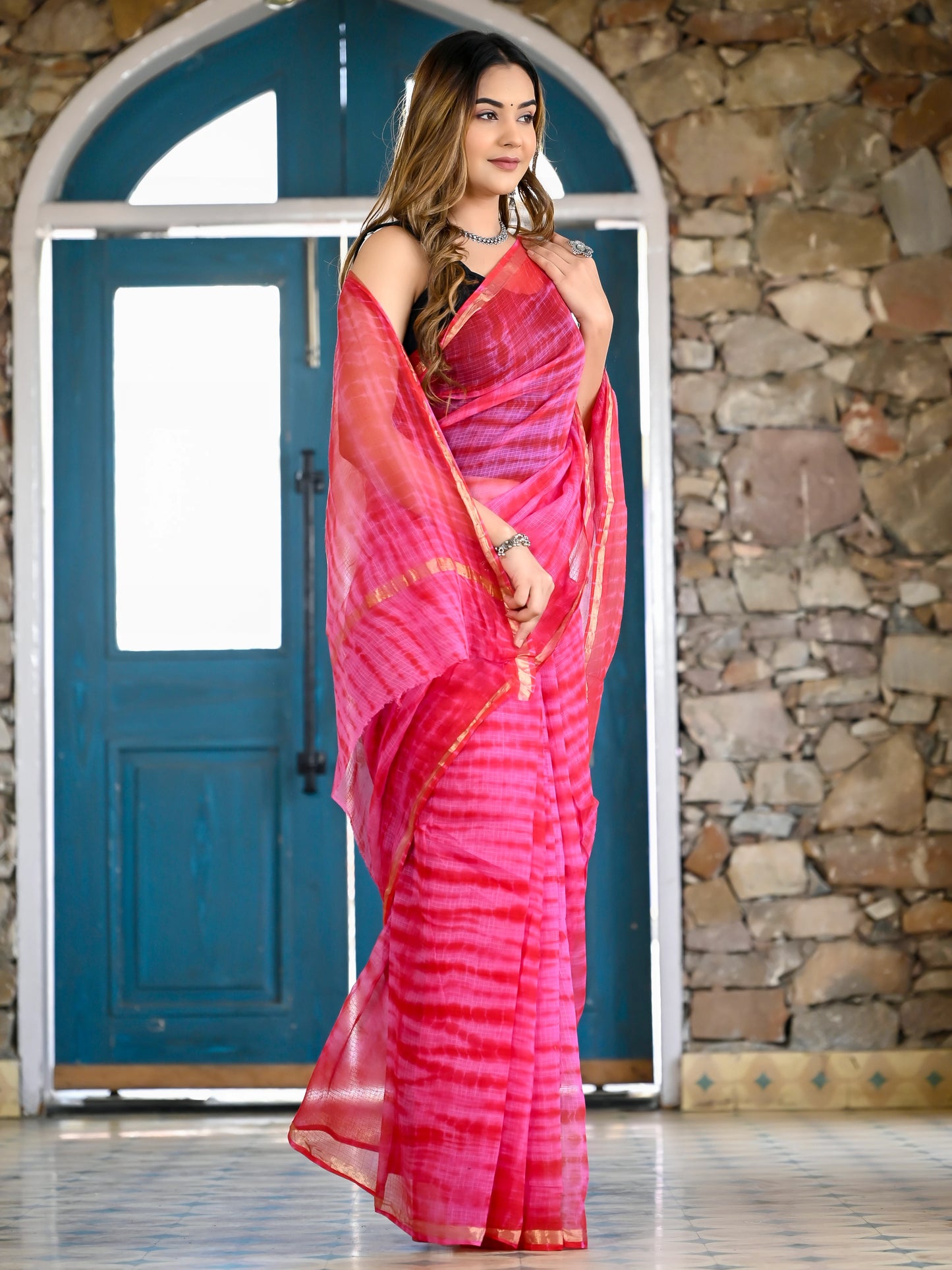 Pink Red tie & die print pure kota doria saree