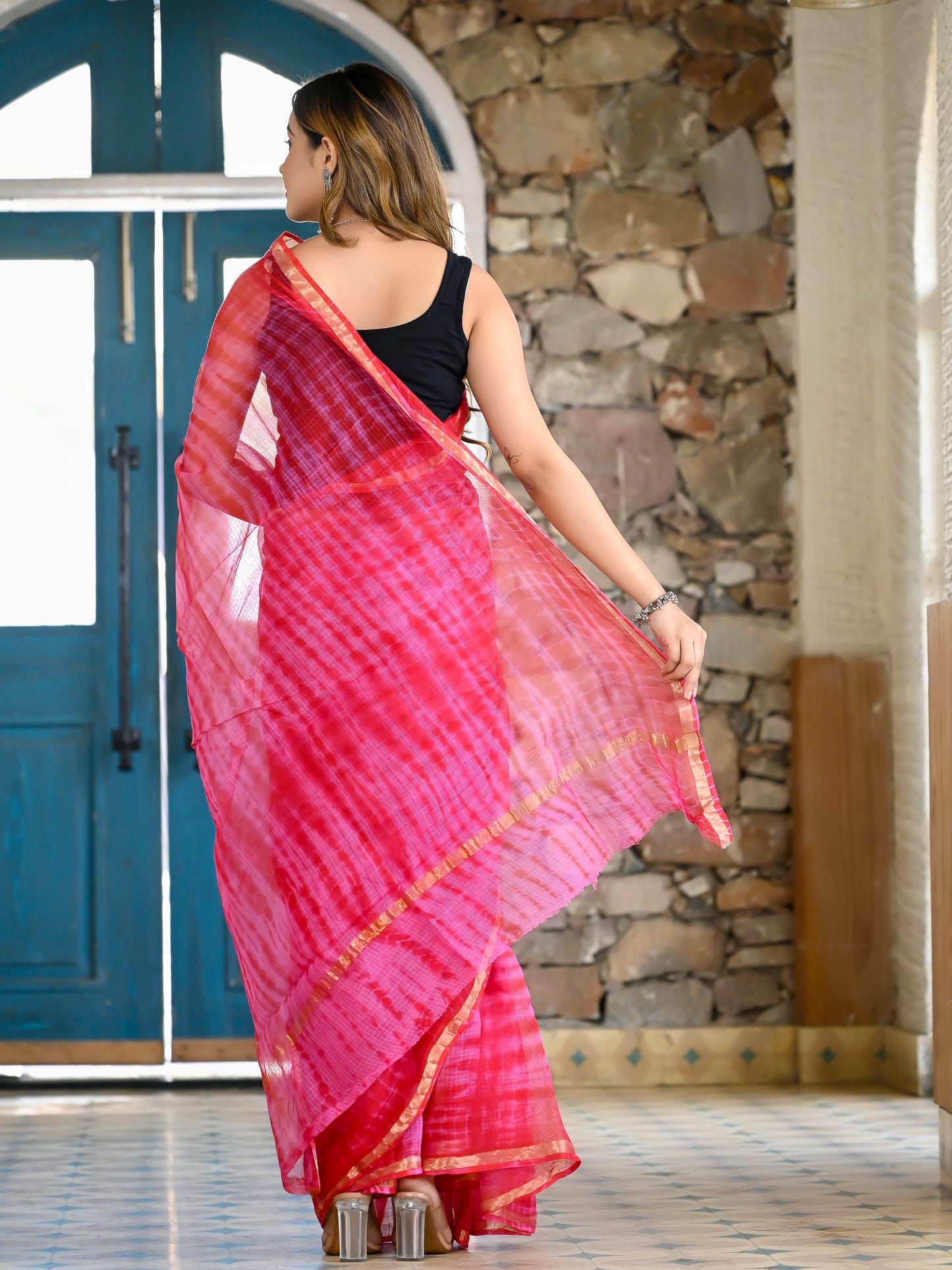 Pink Red tie & die print pure kota doria saree