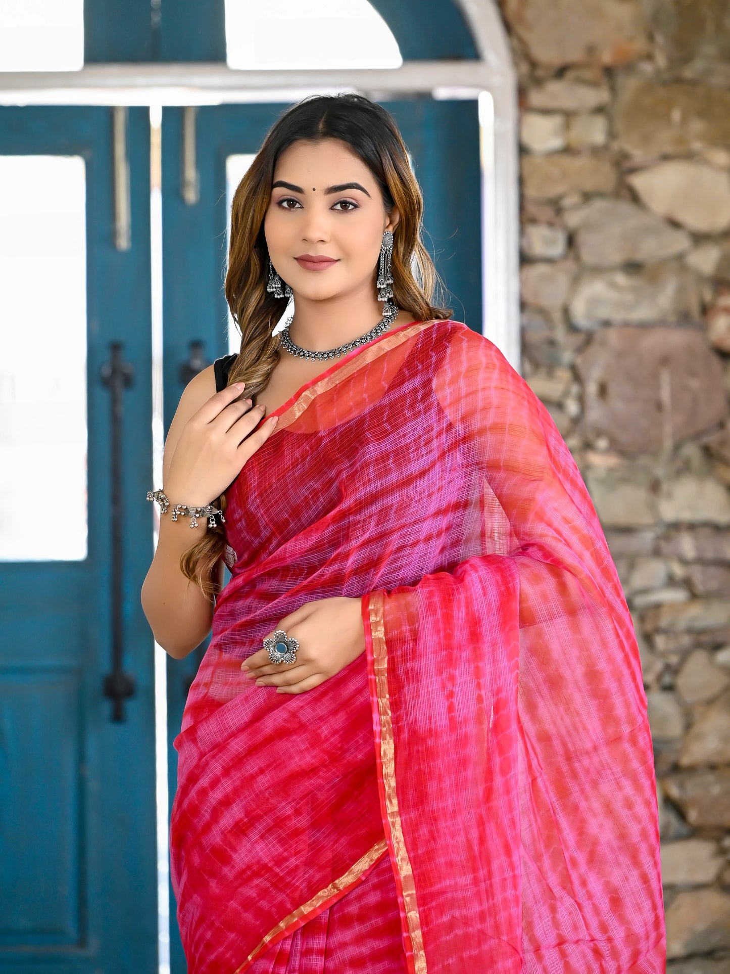 Pink Red tie & die print pure kota doria saree