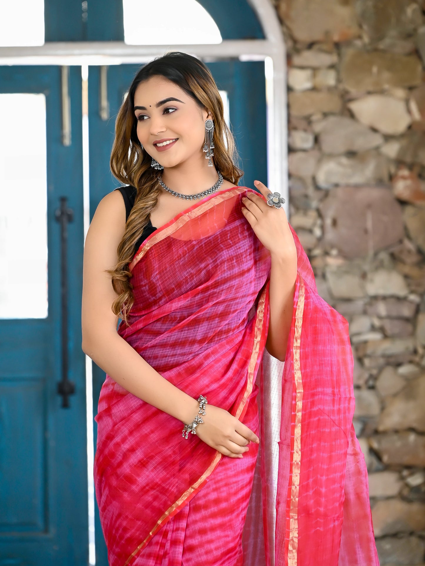 Pink Red tie & die print pure kota doria saree
