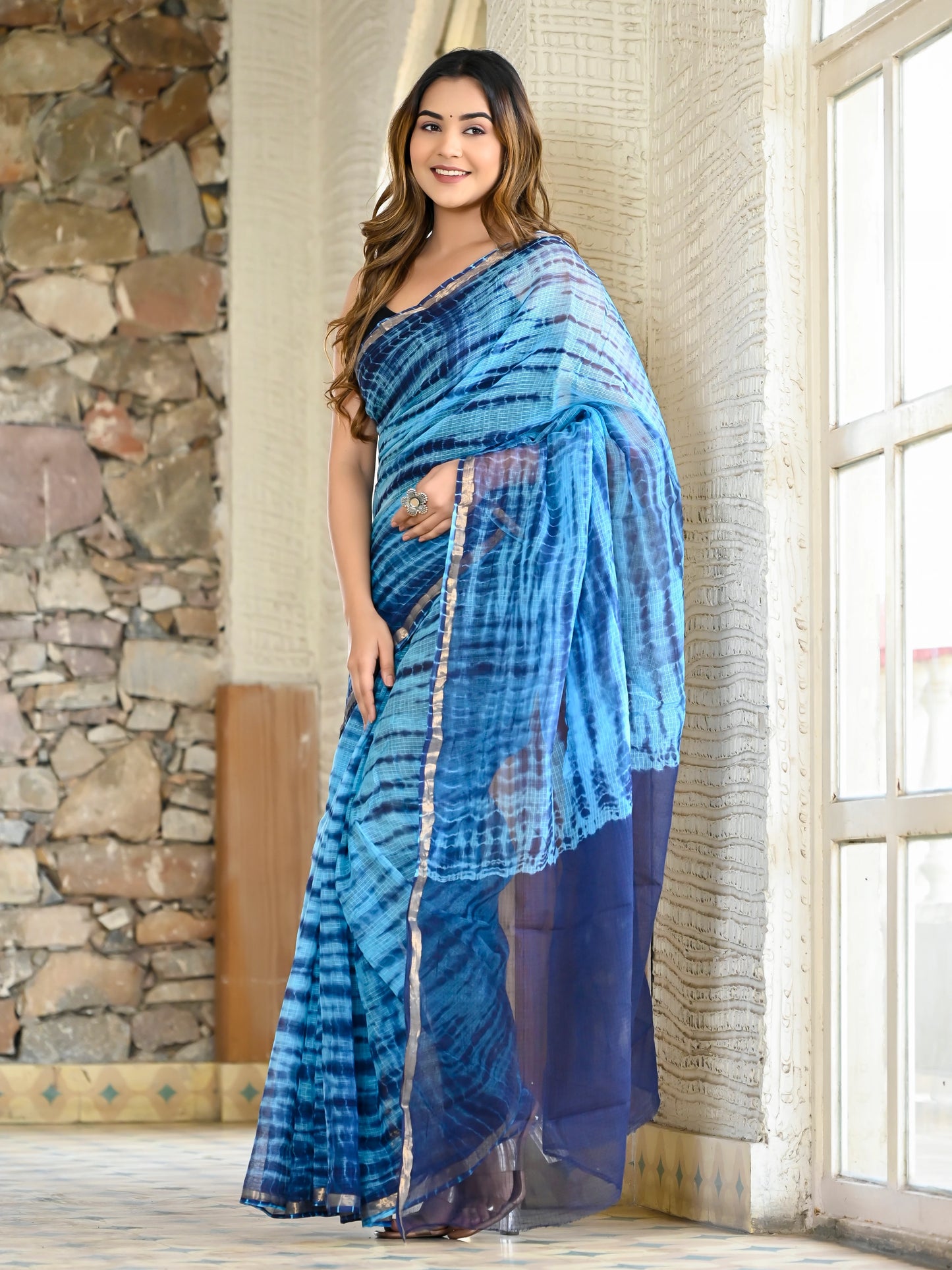 Blue tie & die print pure kota doria saree