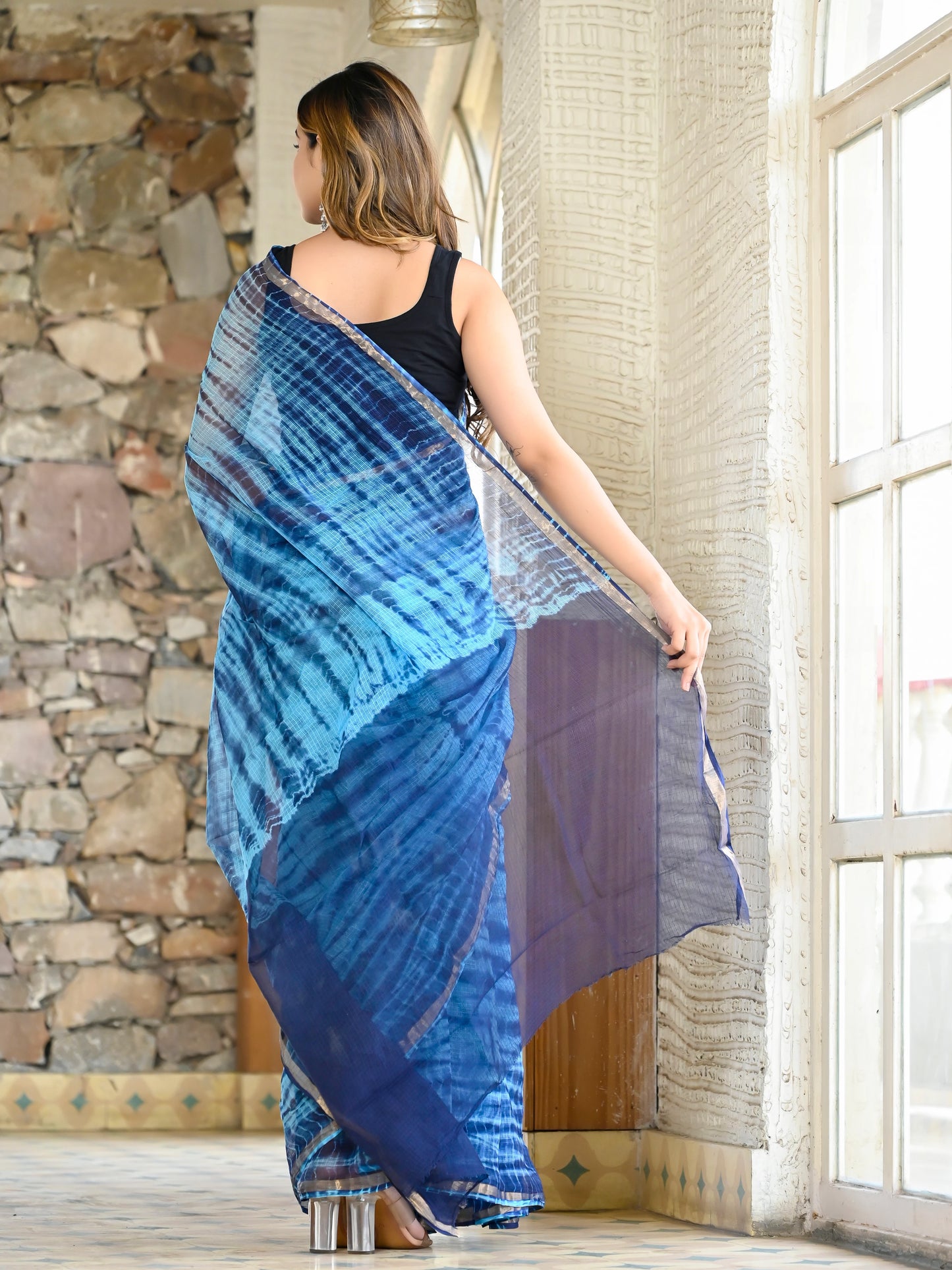 Blue tie & die print pure kota doria saree