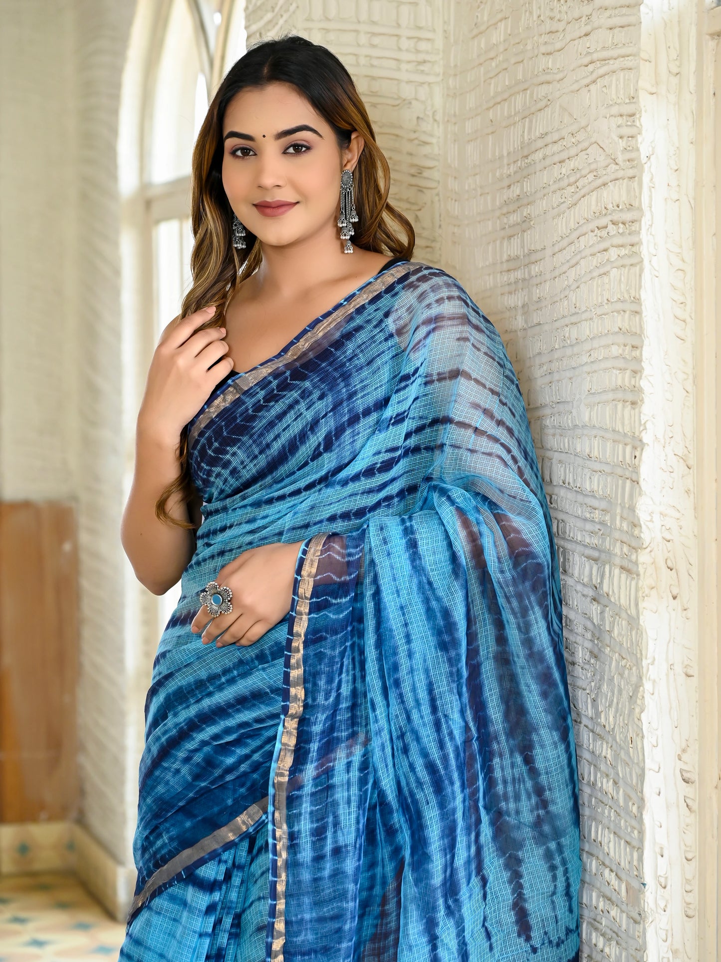 Blue tie & die print pure kota doria saree