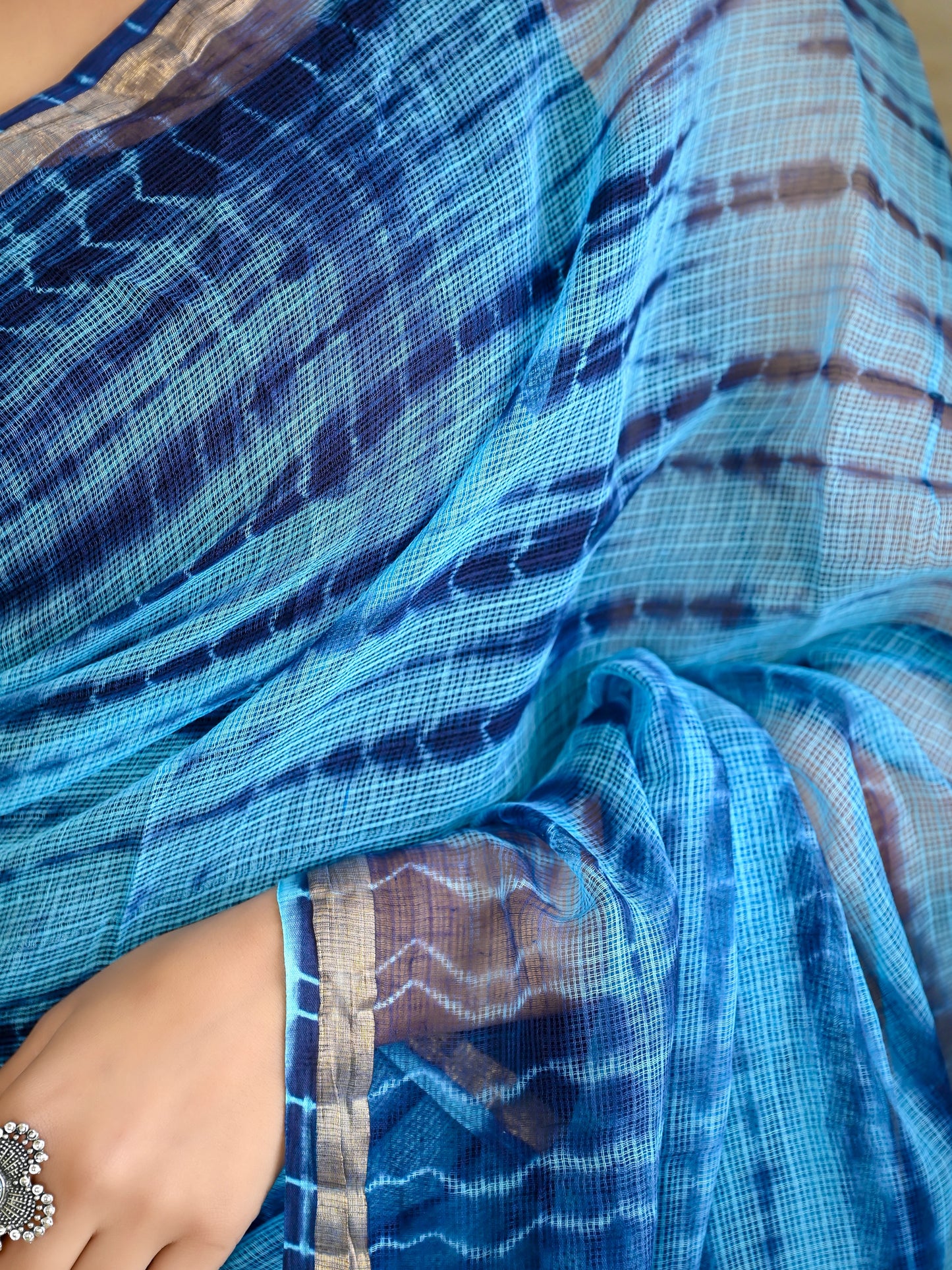 Blue tie & die print pure kota doria saree