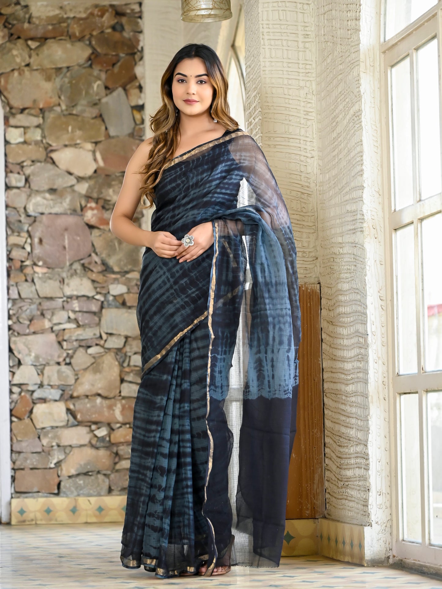 Grey and Black tie Die print pure kota doria saree
