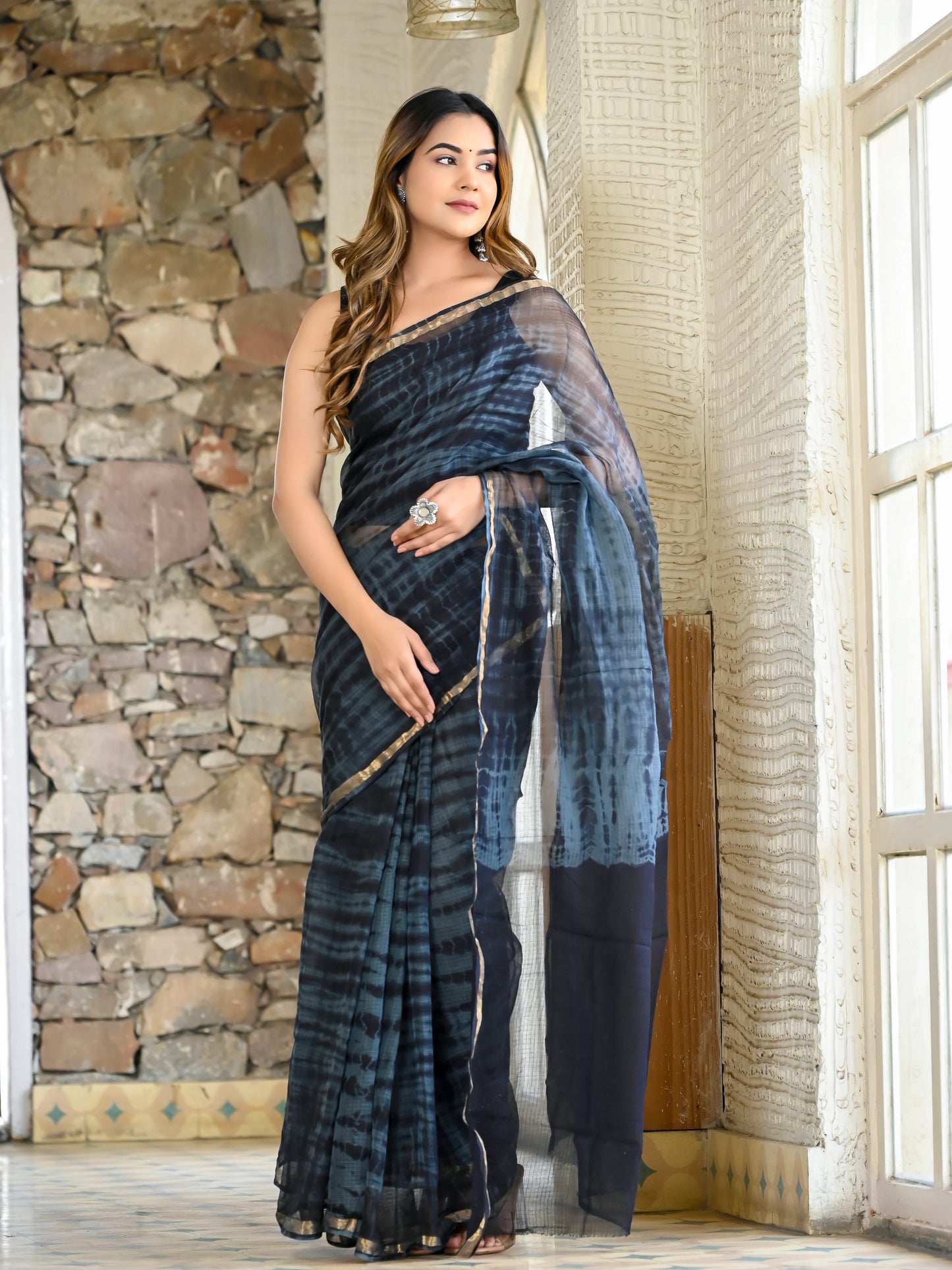 Grey and Black tie Die print pure kota doria saree