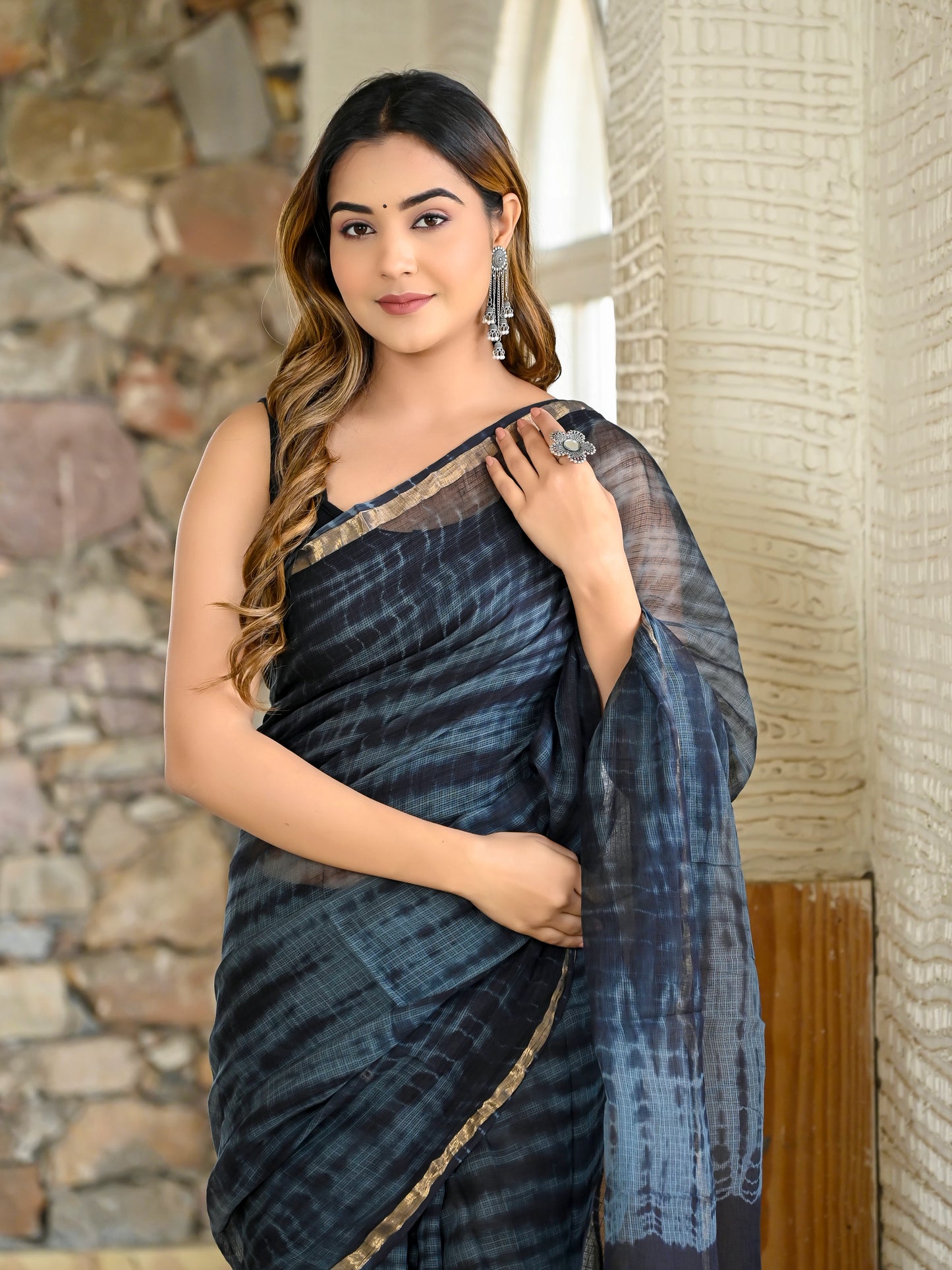 Grey and Black tie Die print pure kota doria saree